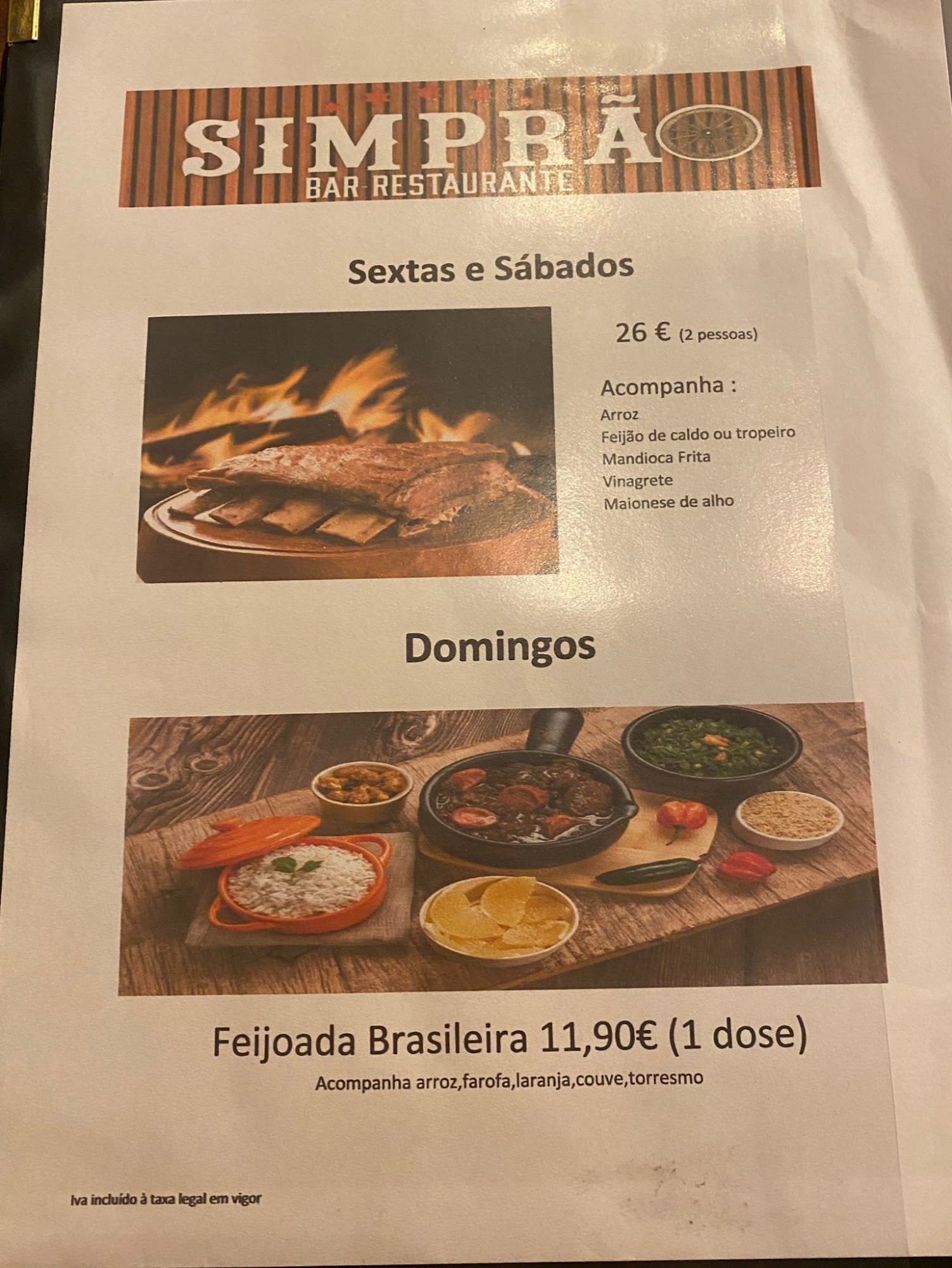 Simprão Bar Restaurante Menu