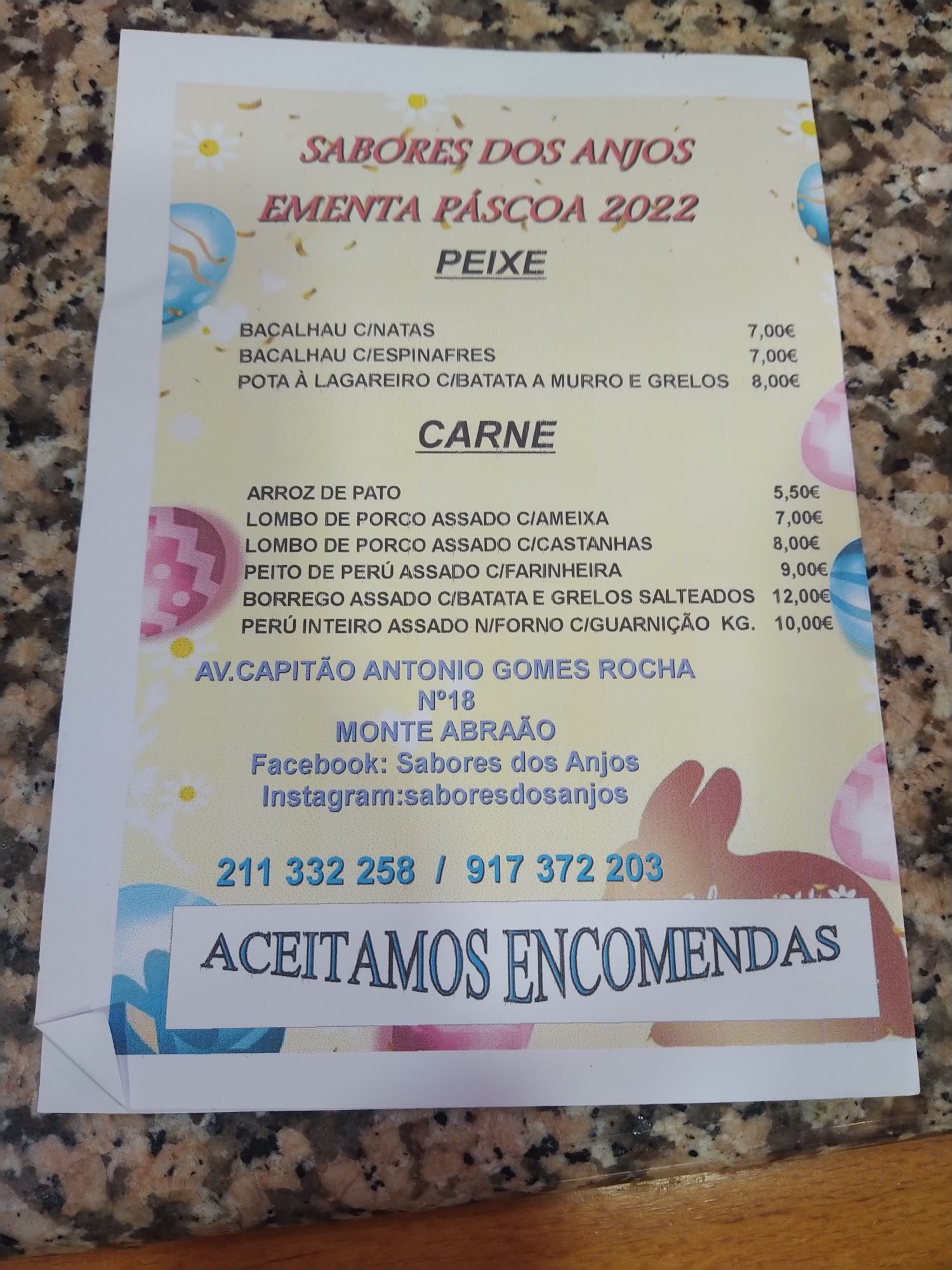 Sabores dos Anjos Menu