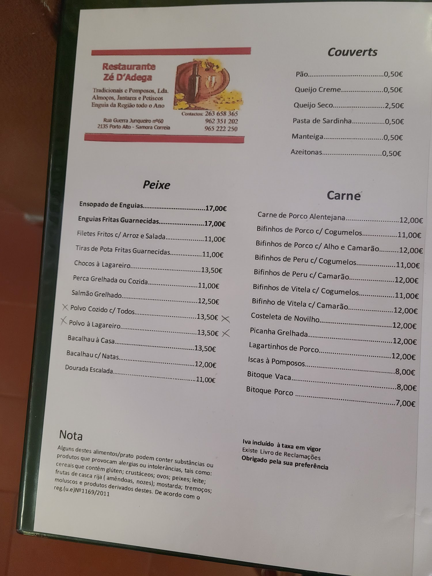Restaurante Zé Da Adega Menu