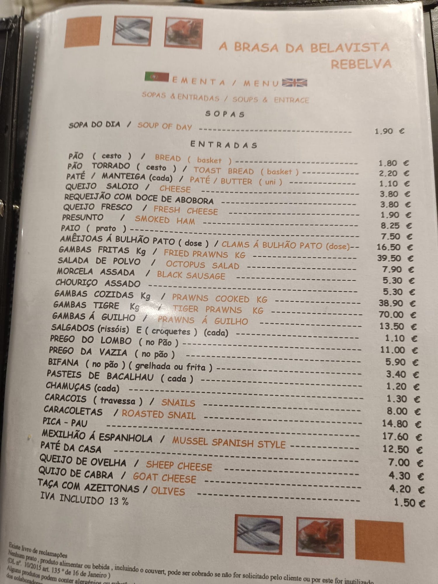 Bela Vista Grill Menu