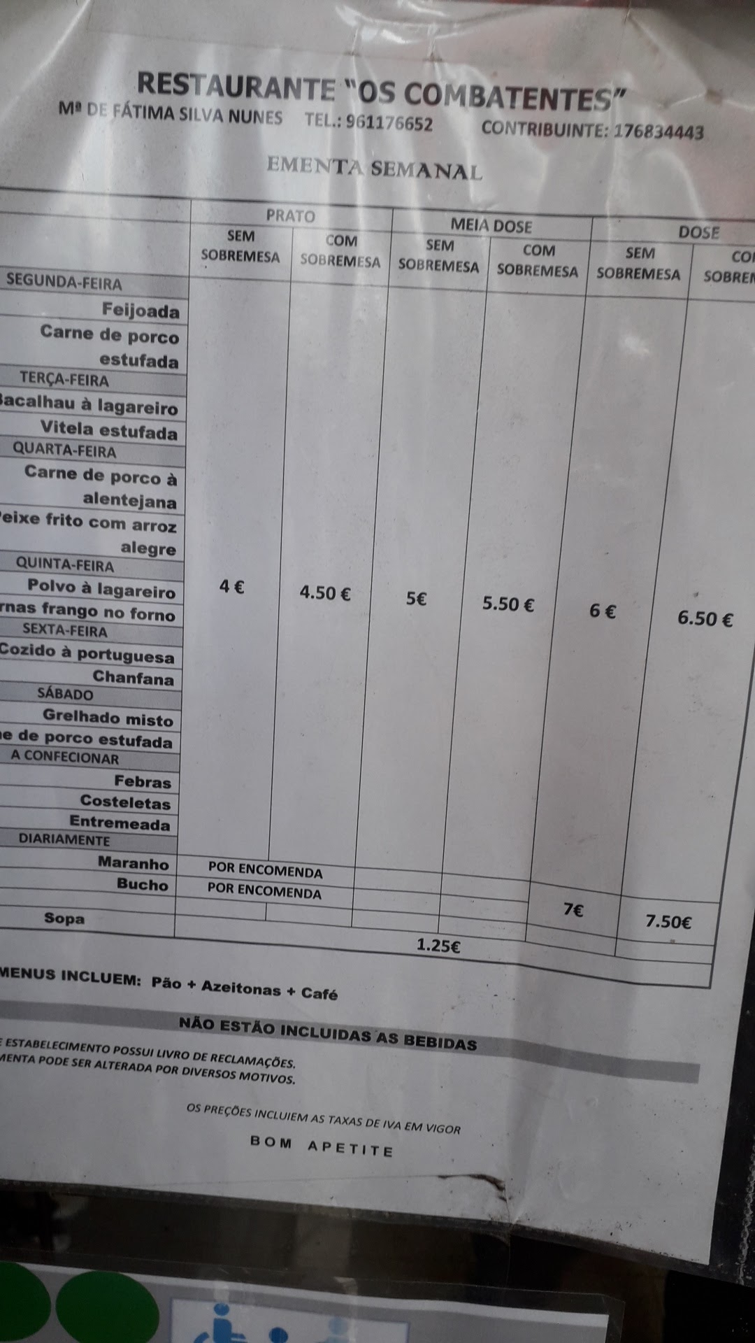 Restaurante Os Combatentes Menu