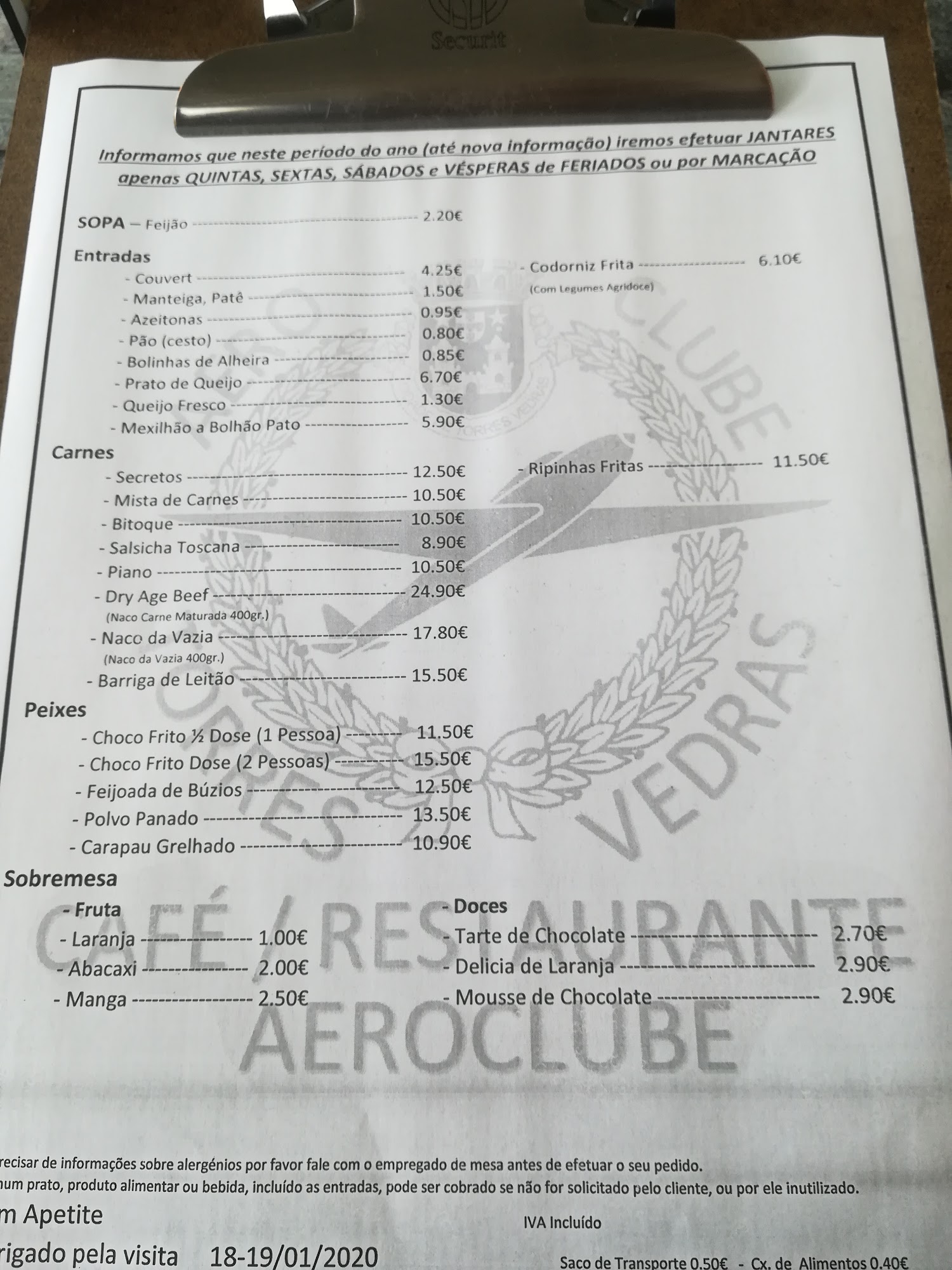 Café/Restaurante Aeroclube Menu