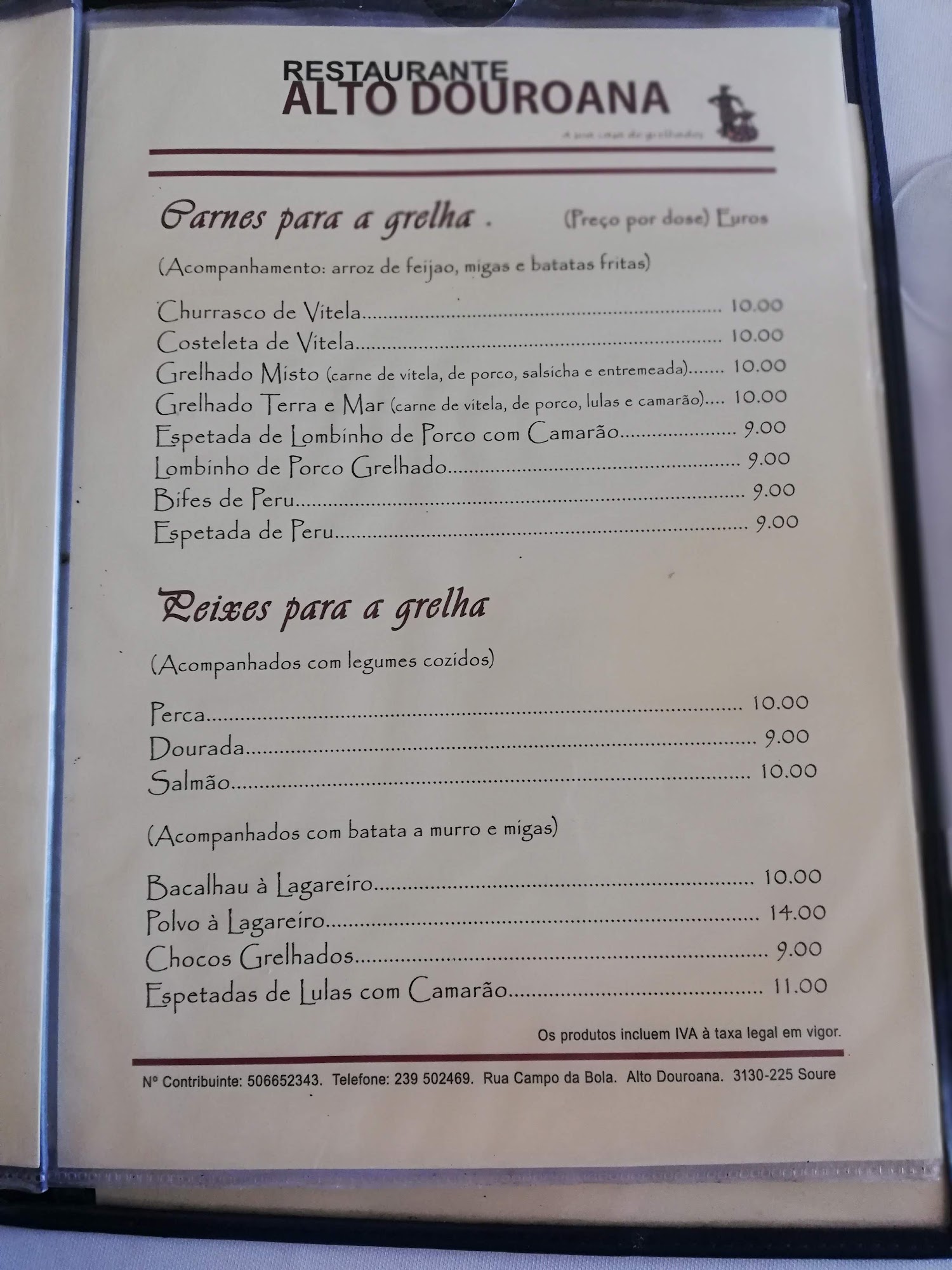 Alto Douroana Menu