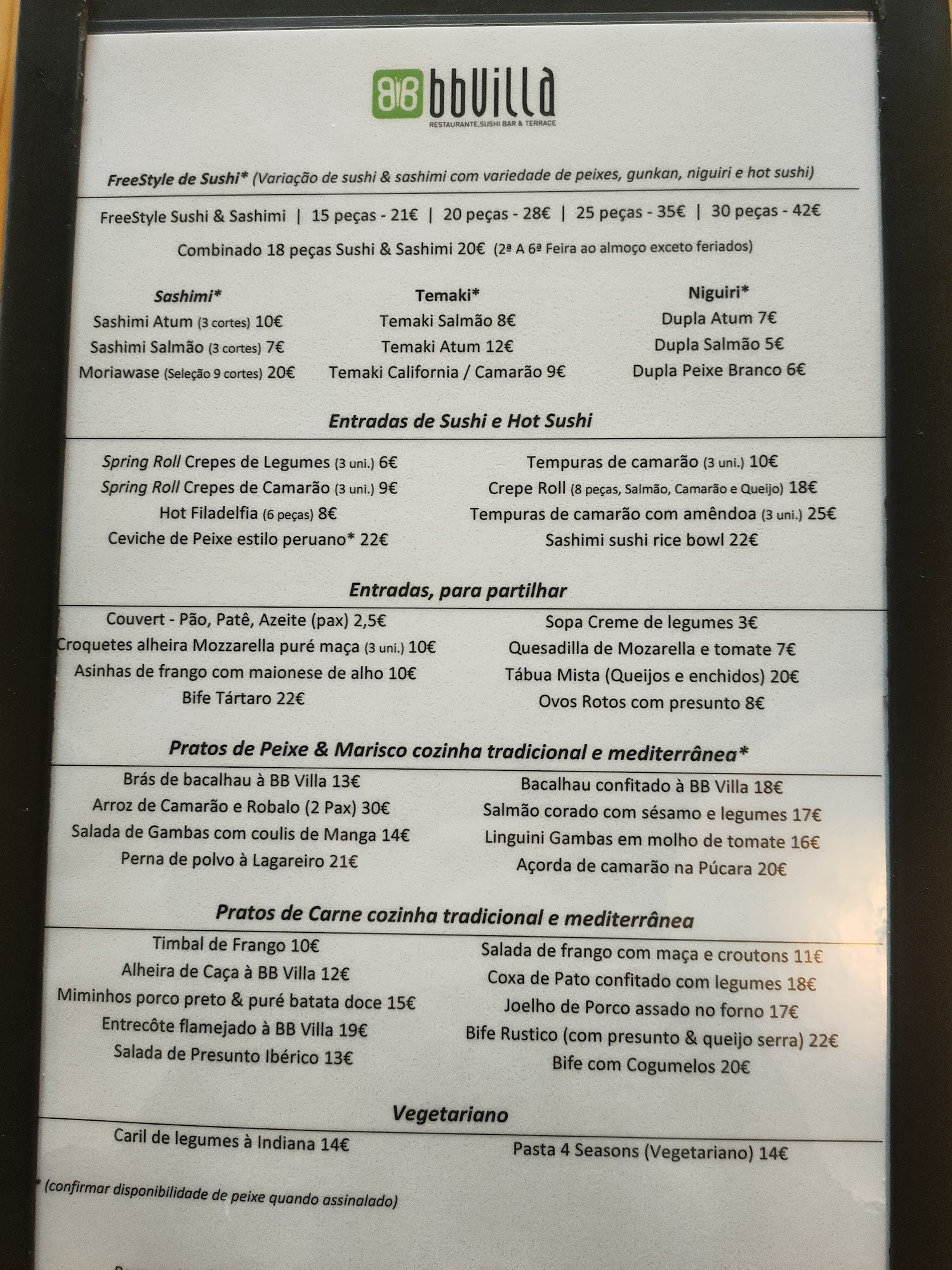 BB Villa Gaia Restaurante, Sushi Bar & Terrace Menu
