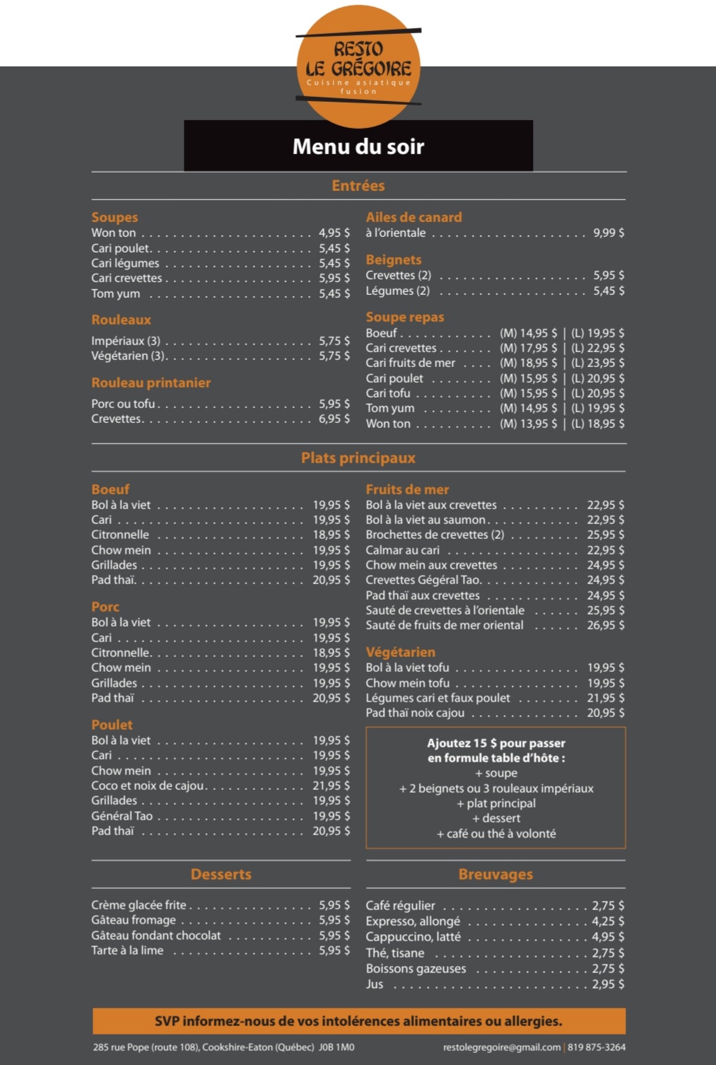 Resto Le Grégoire Menu