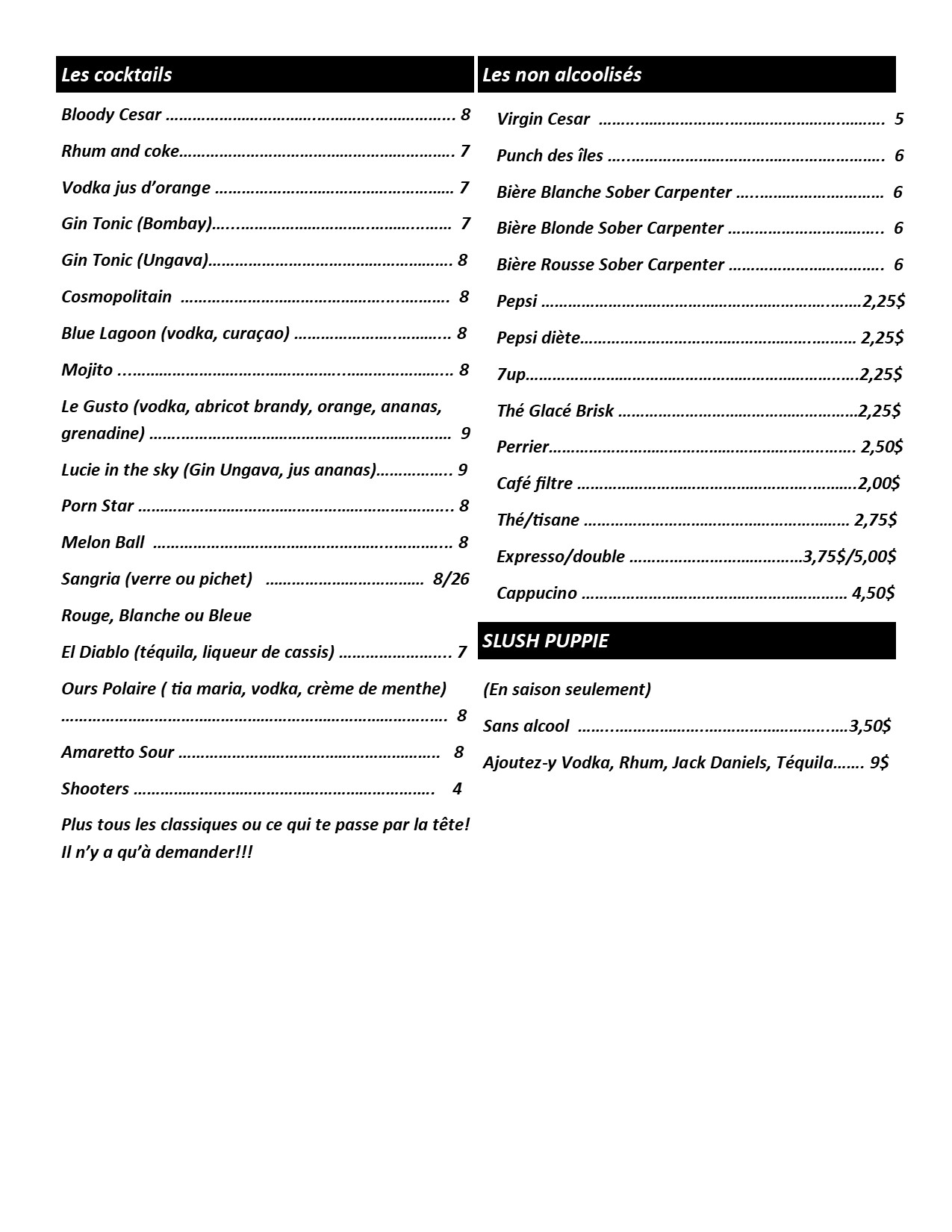 Bistro le Gusto Menu