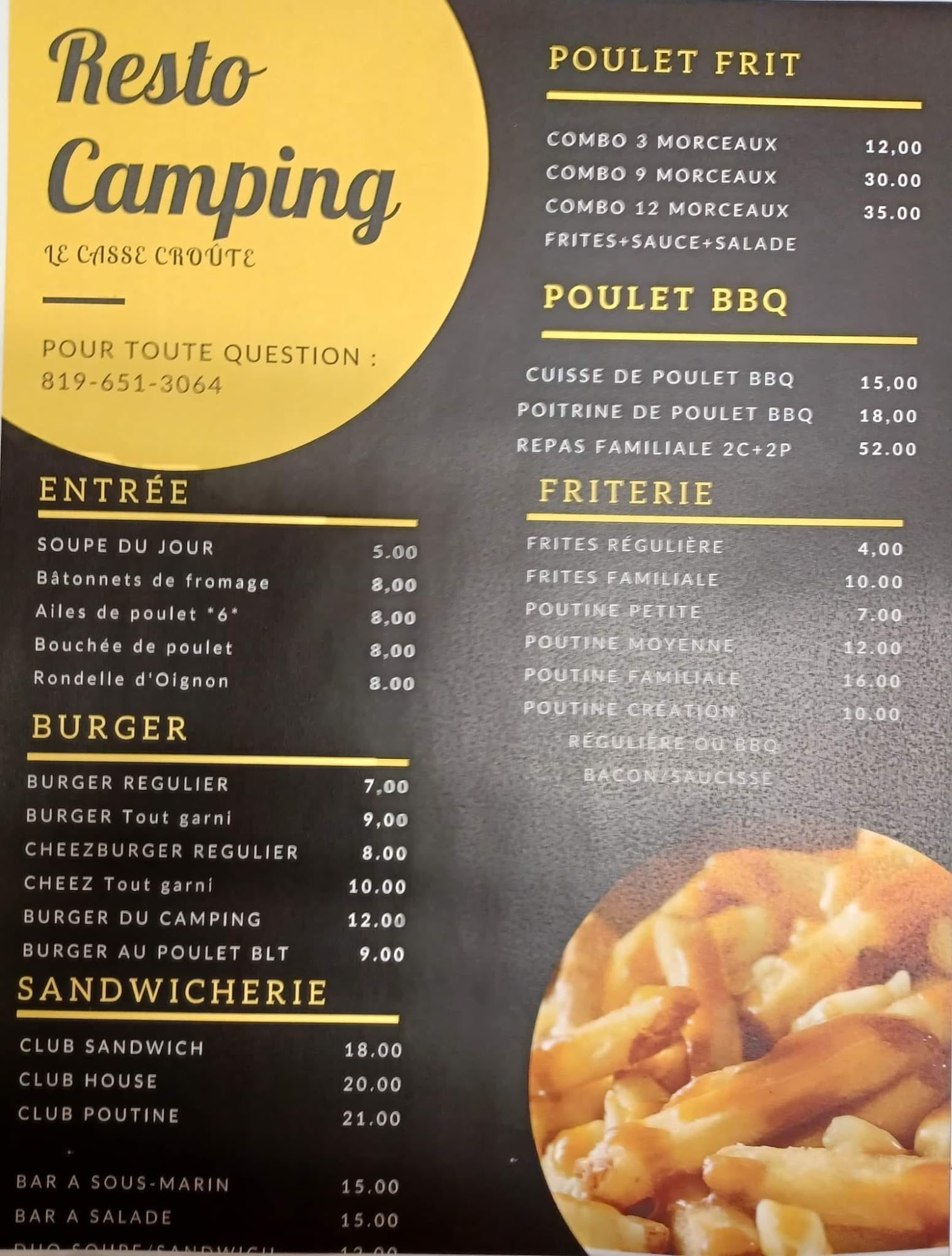 Casse-croûte camping de Malartic Menu