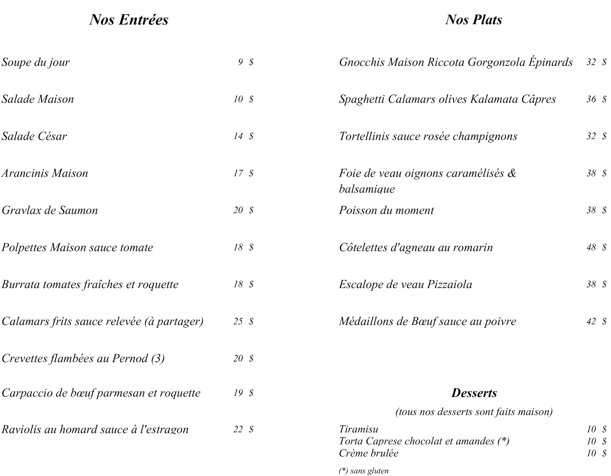 Restaurant Per Te Menu