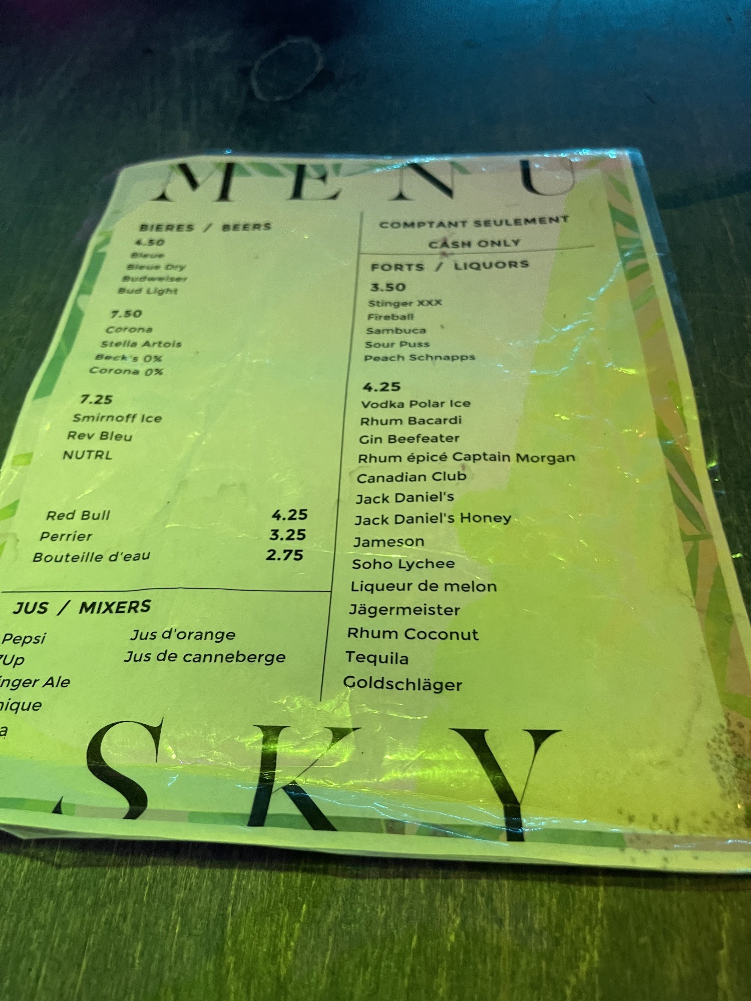 Sky Resto Pub Menu