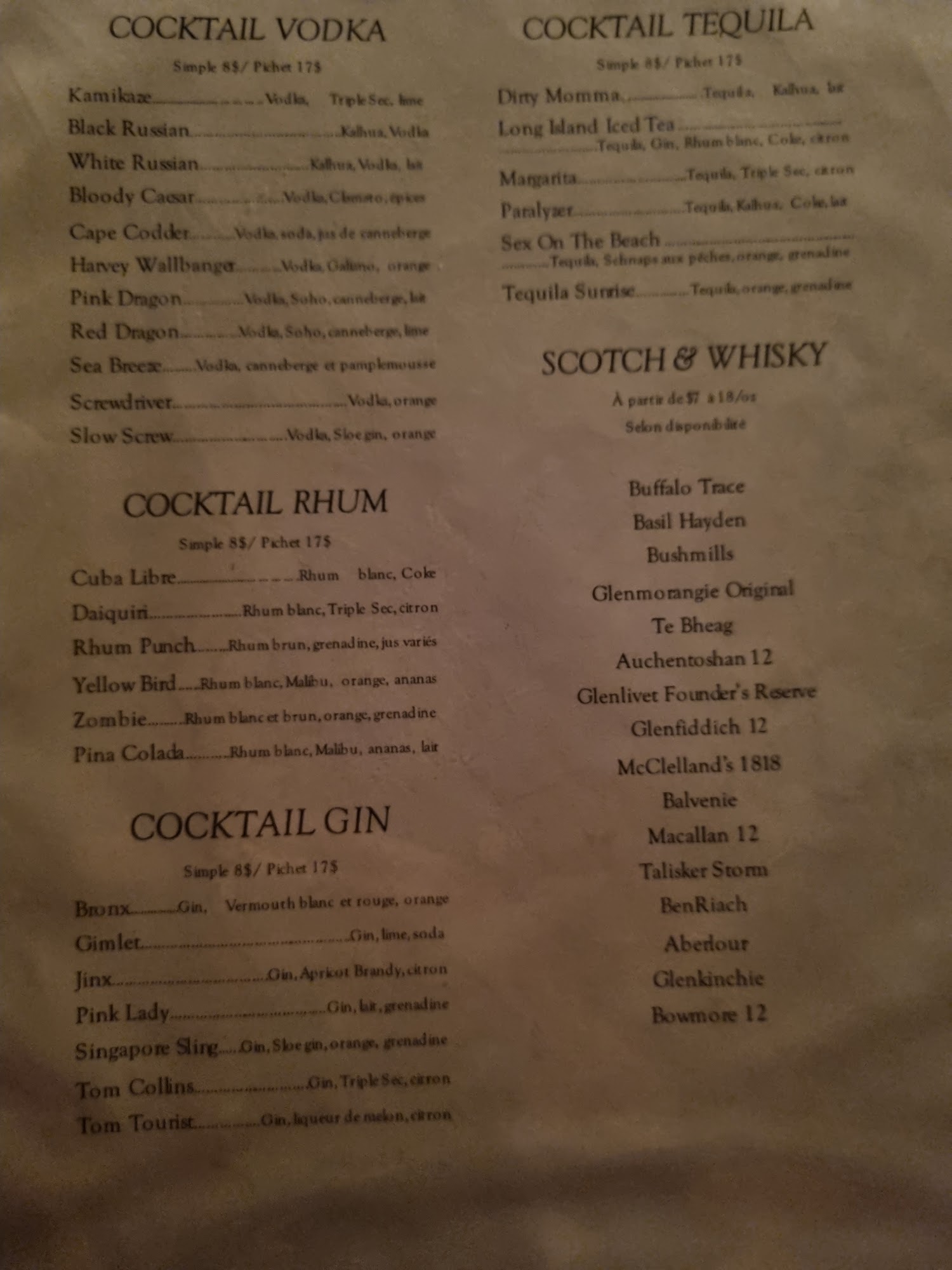 Bar Ste-Angèle Menu