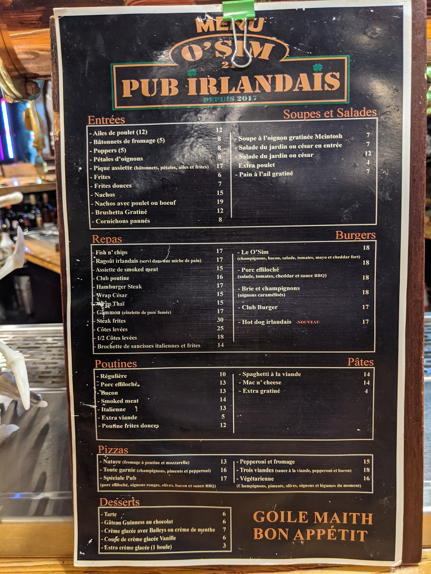 O'Sim 21 Pub Irlandais Menu