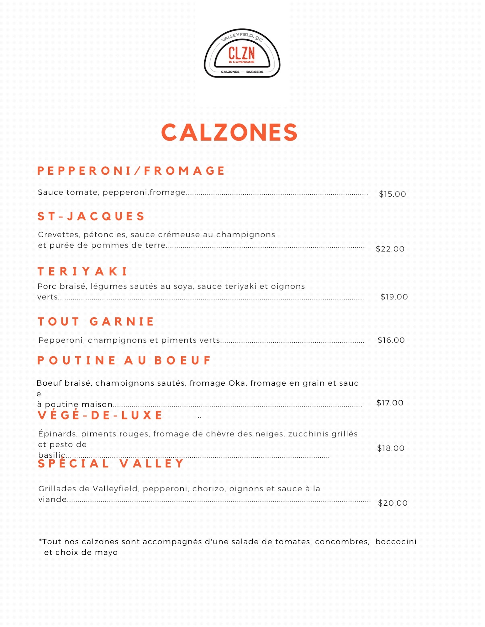 Calzones et compagnie Menu