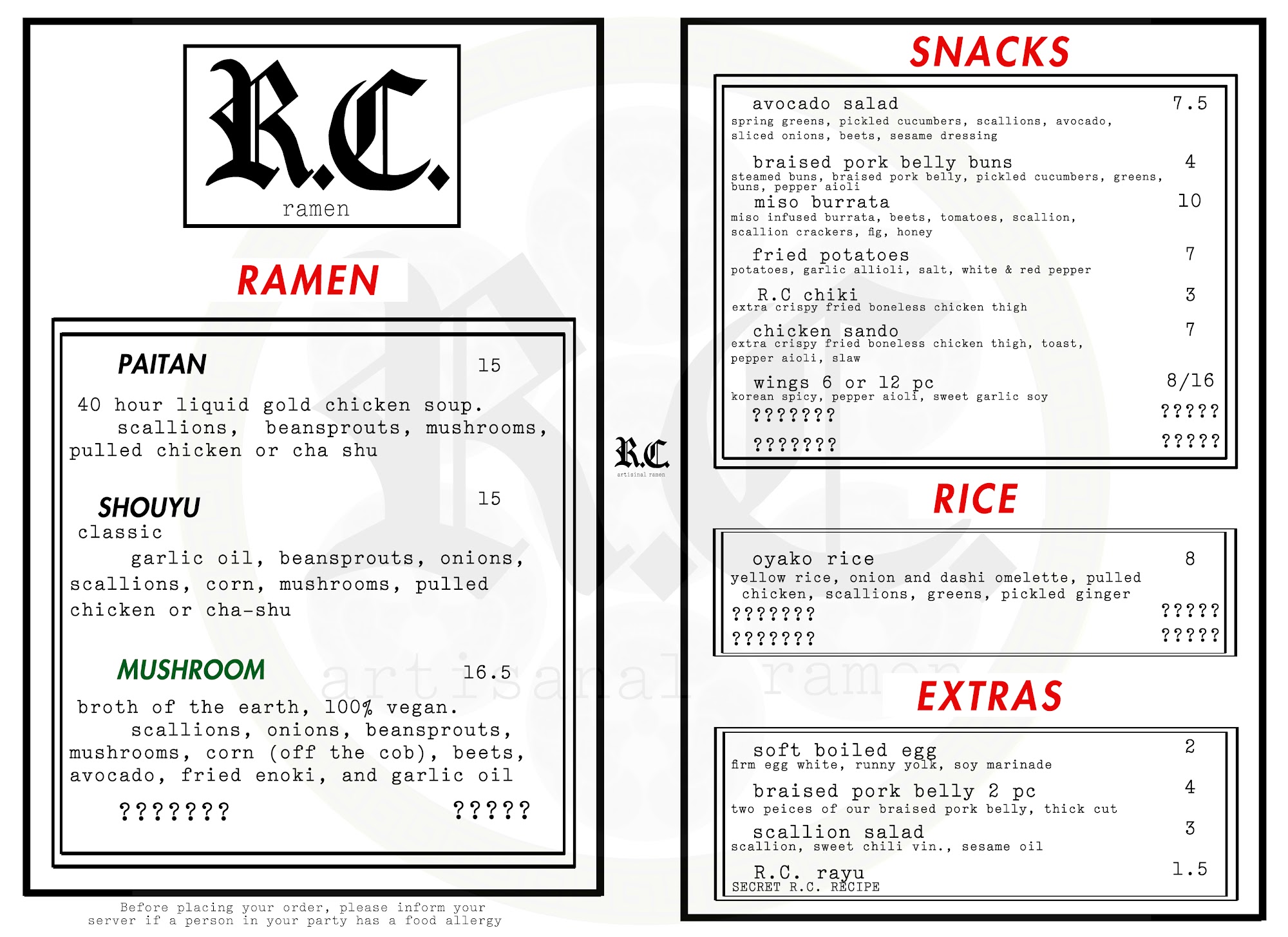 RC Ramen Menu