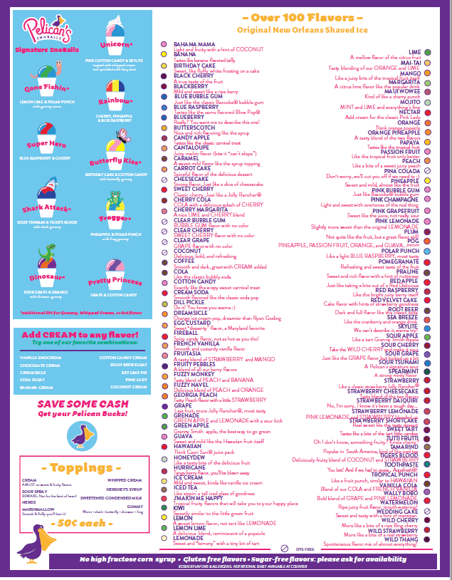 Pelican's SnoBalls Batesburg-Leesville Menu