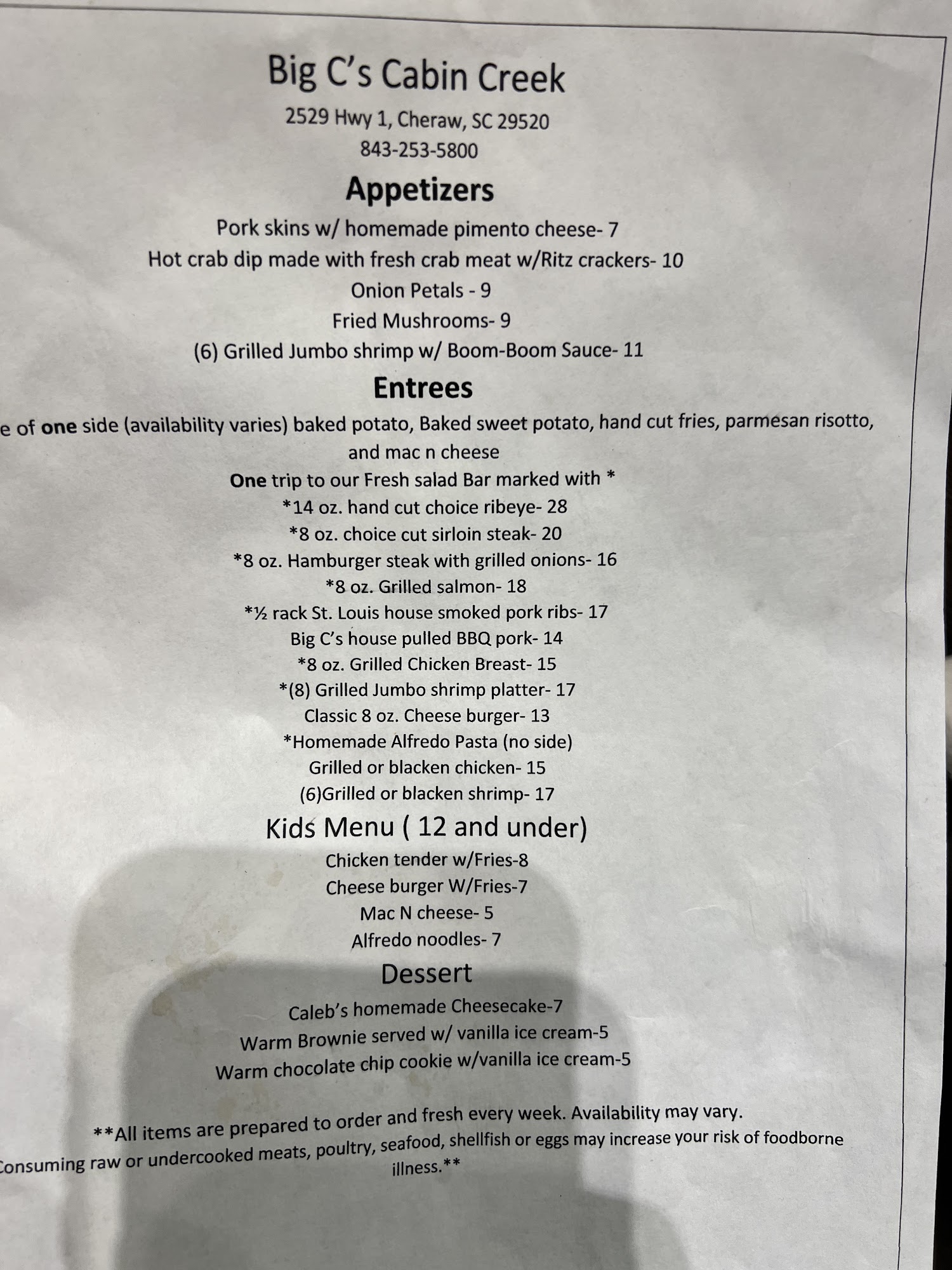 Cabin Creek Restaurant Menu