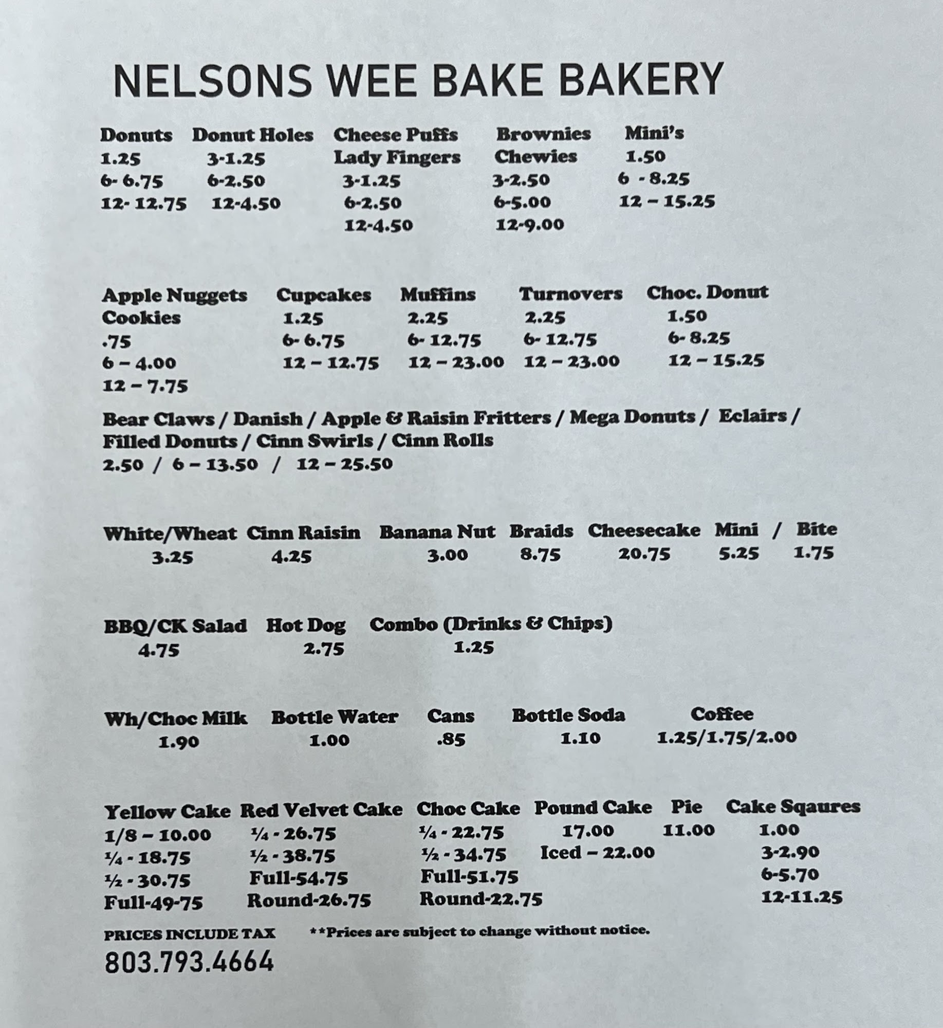 Wee Bake Bakery LLC Menu