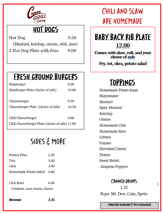 Copes Grill Menu