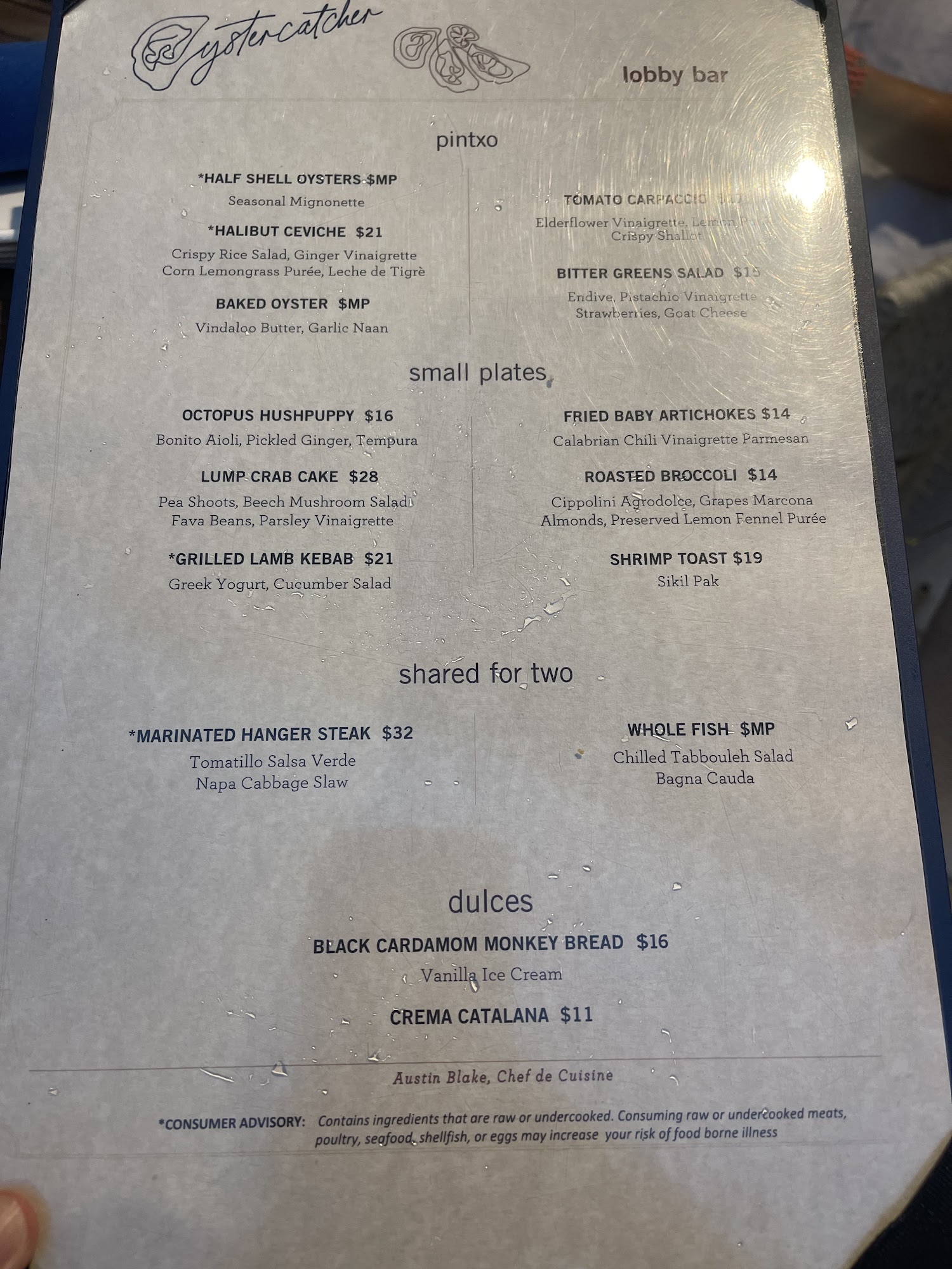 Oystercatcher Restaurant & Bar Menu