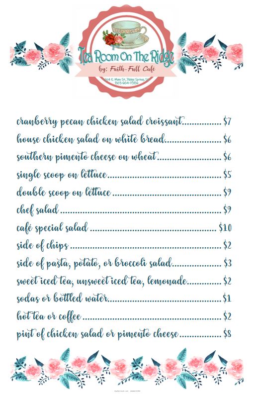 Tea Room On The Ridge Menu