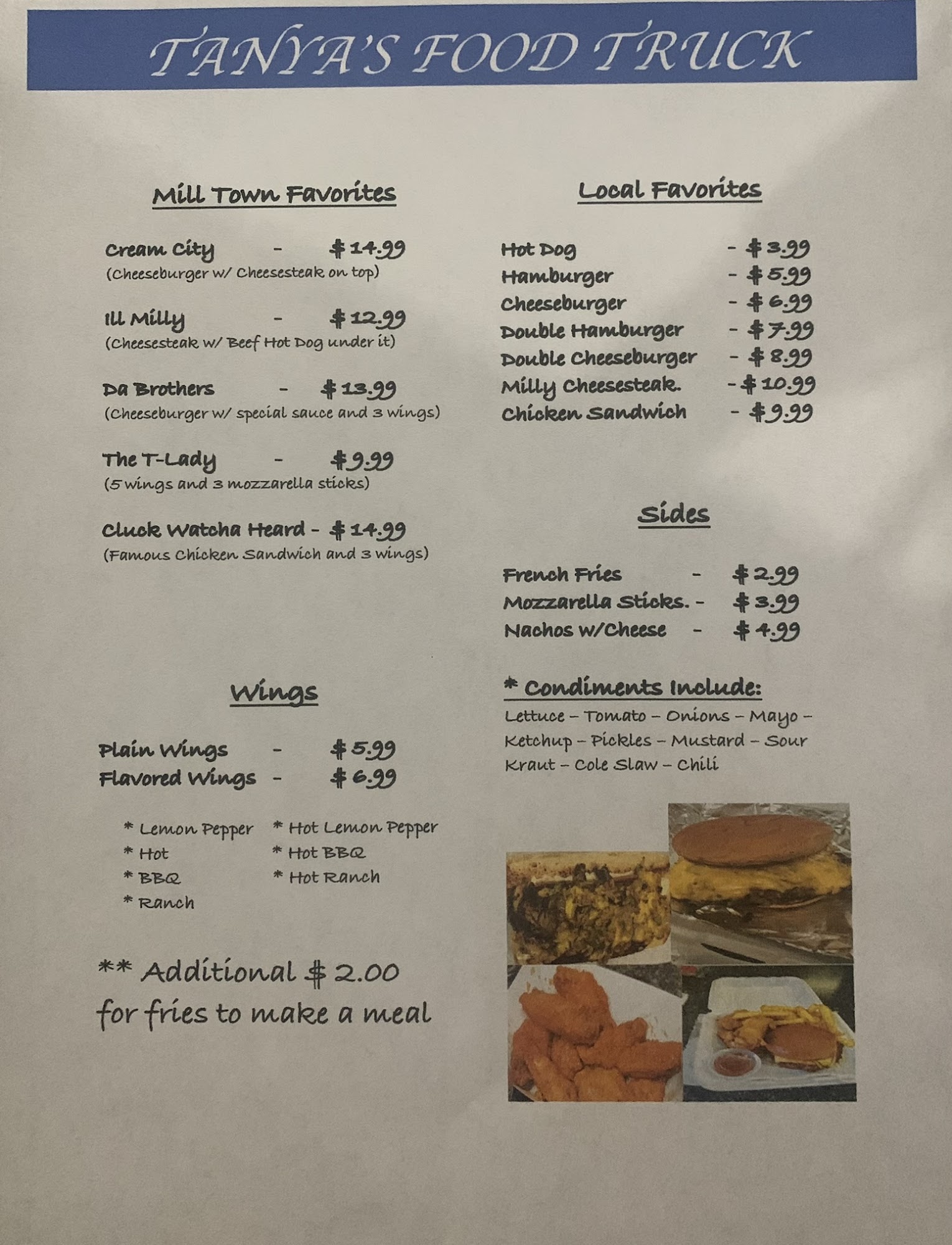 Tanya's Food Truck Menu