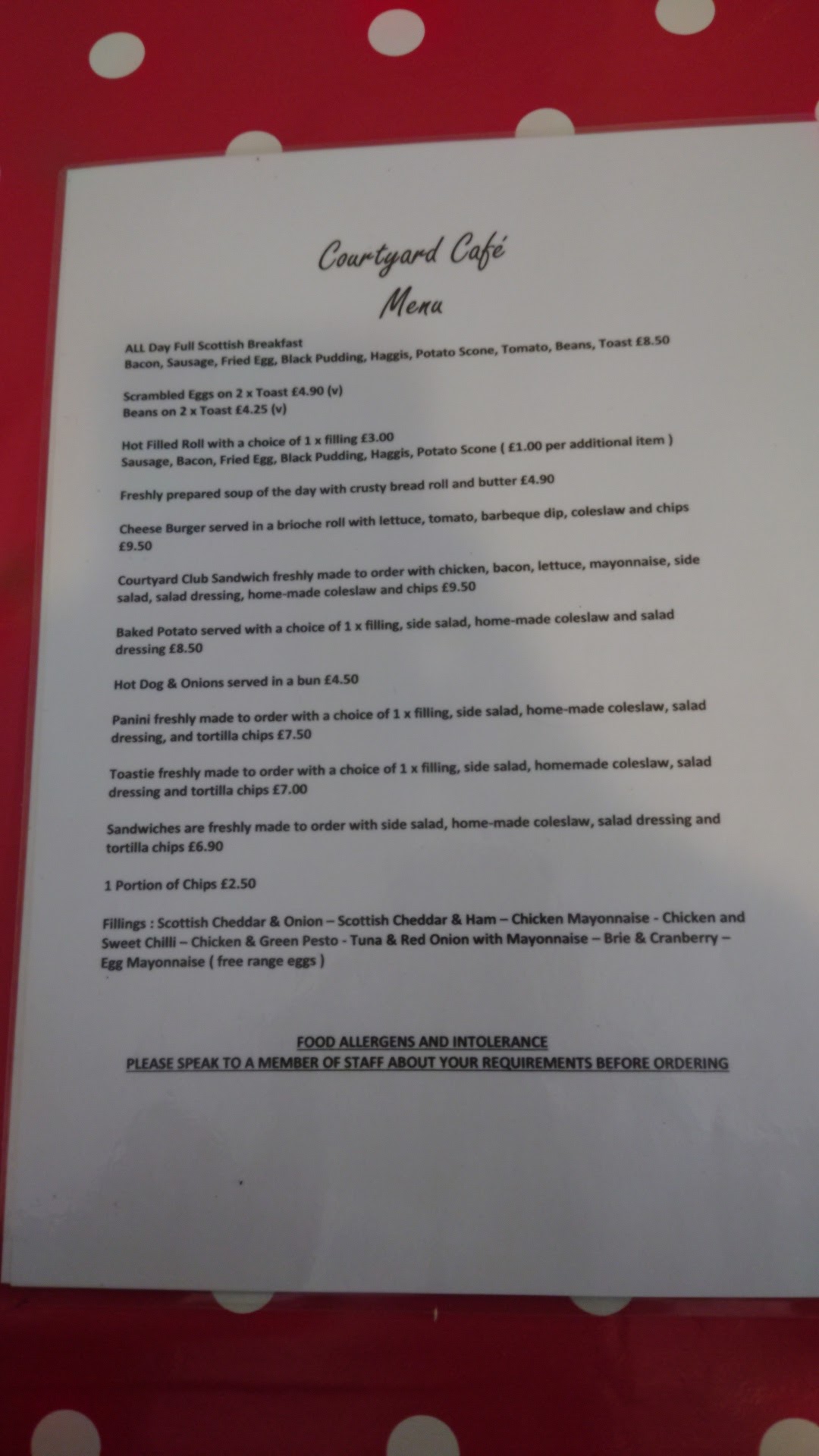 Courtyard Cafe Menu
