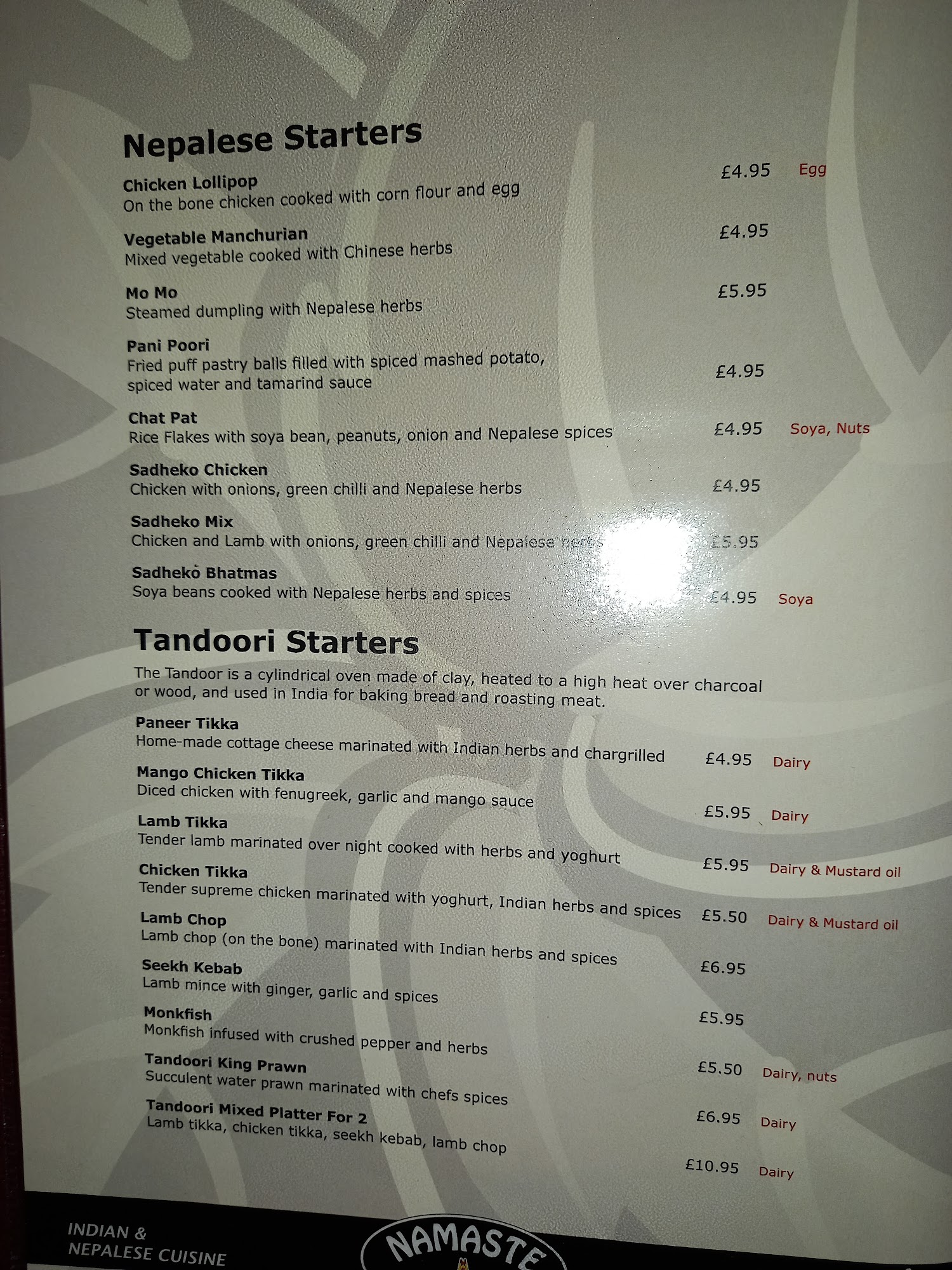 Namaste Indian Restaurant Menu