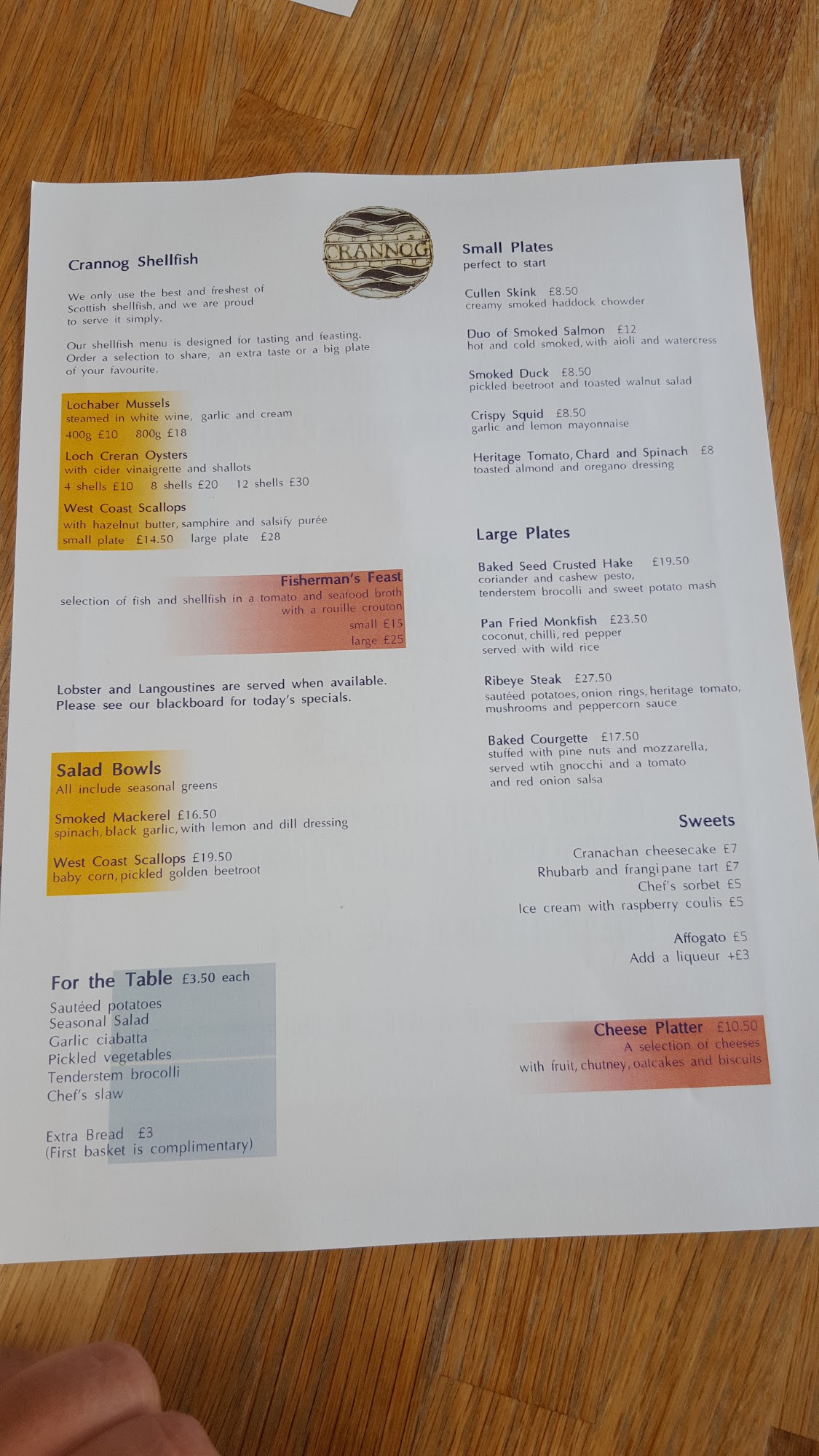 Crannog Seafood Restaurant Menu