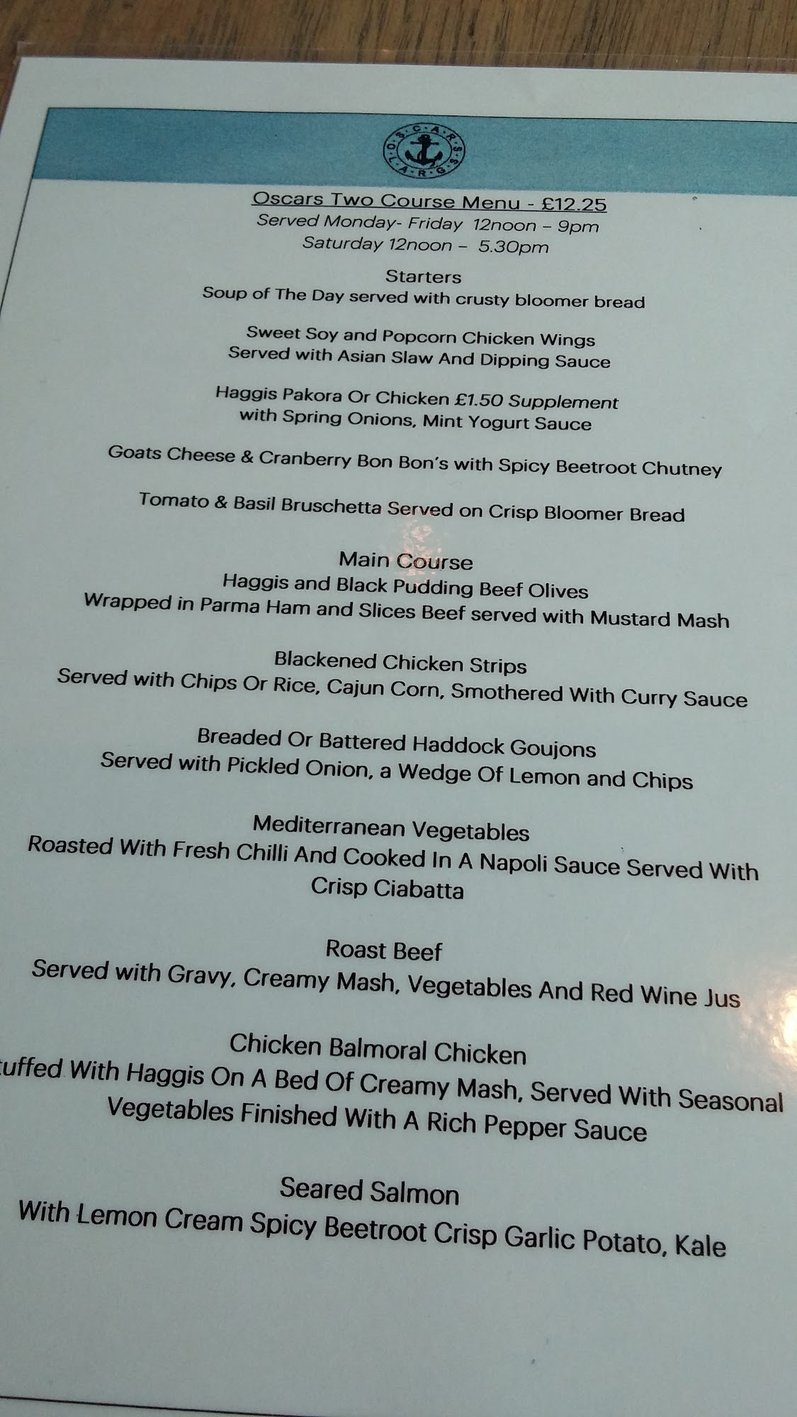 Oscars At Largs Menu