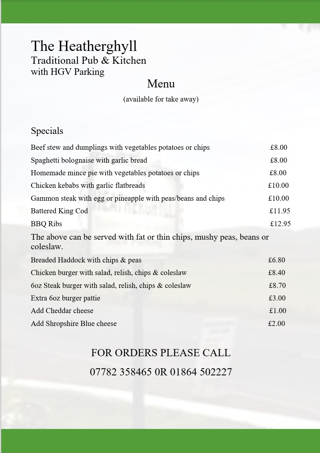 Heatherghyll Traditional Pub & Kitchen with HGV Parking Menu