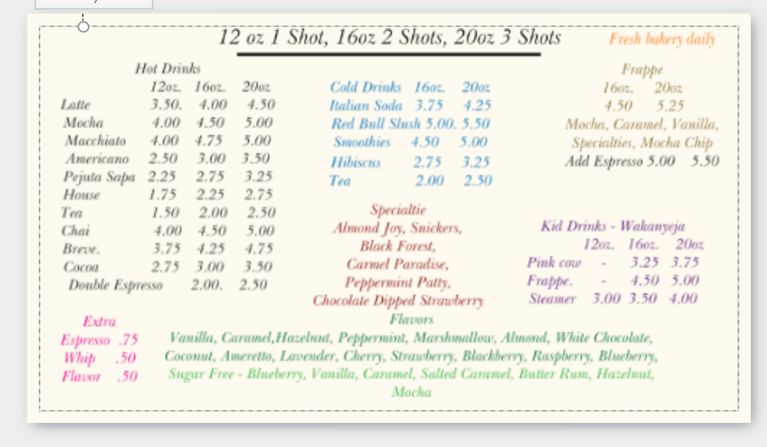 Tashina's Coffee Menu