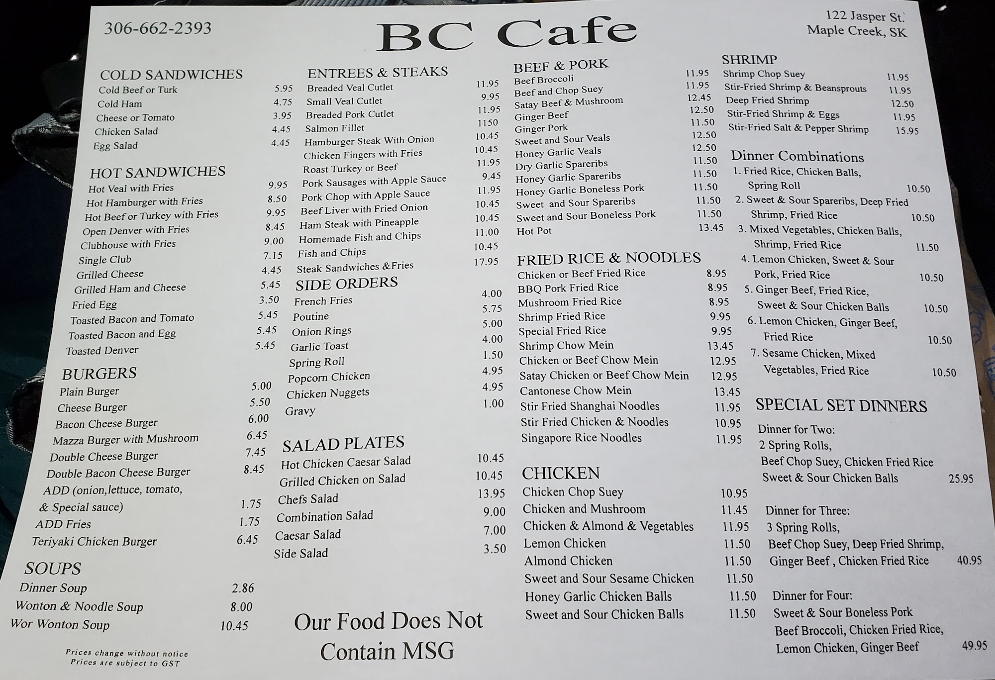 B C Cafe Menu