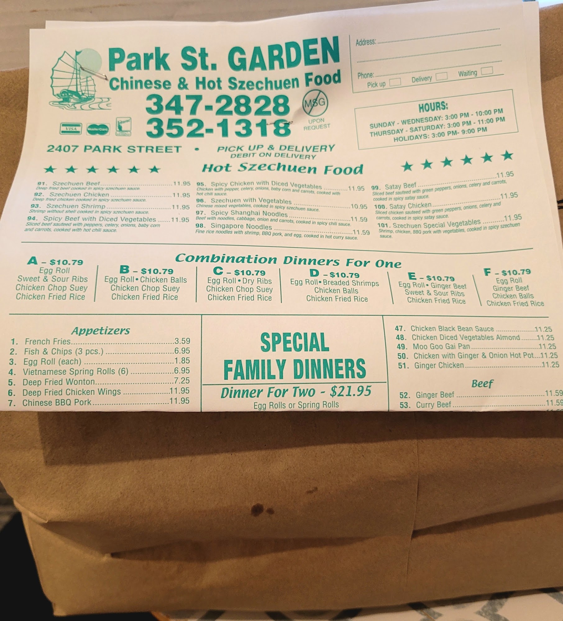 Park Street Garden Menu