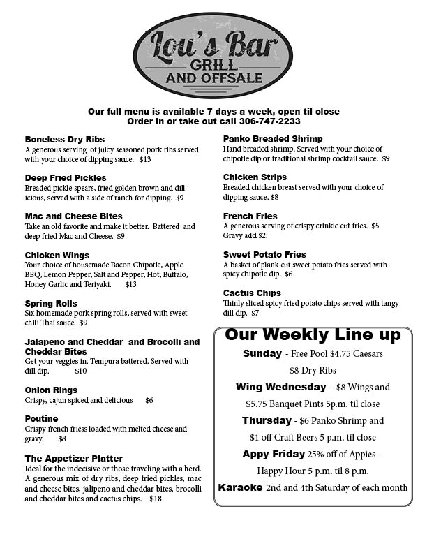 Lou's Bar, Grill and Offsale Menu