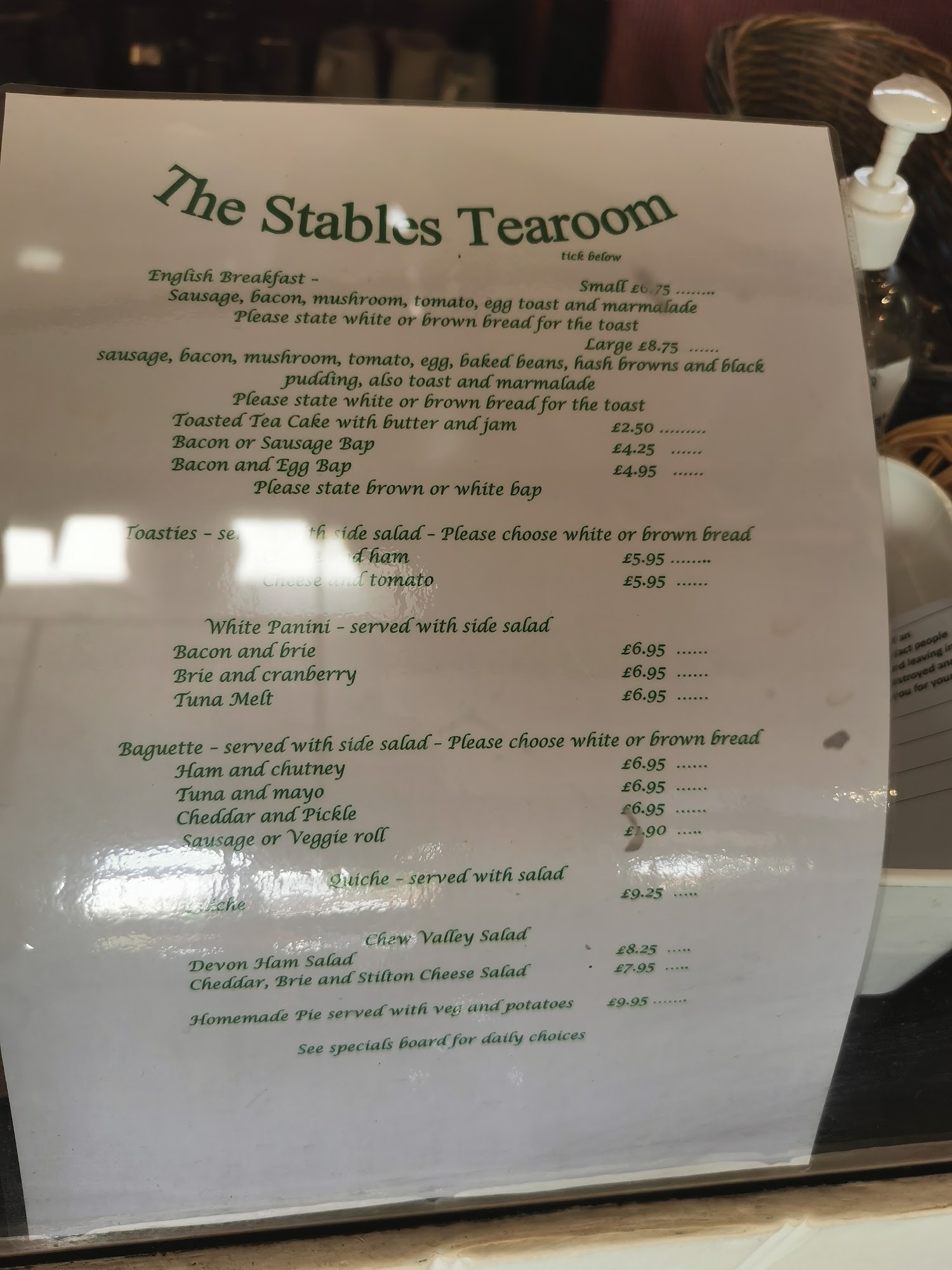 Stable Tea Rooms Menu