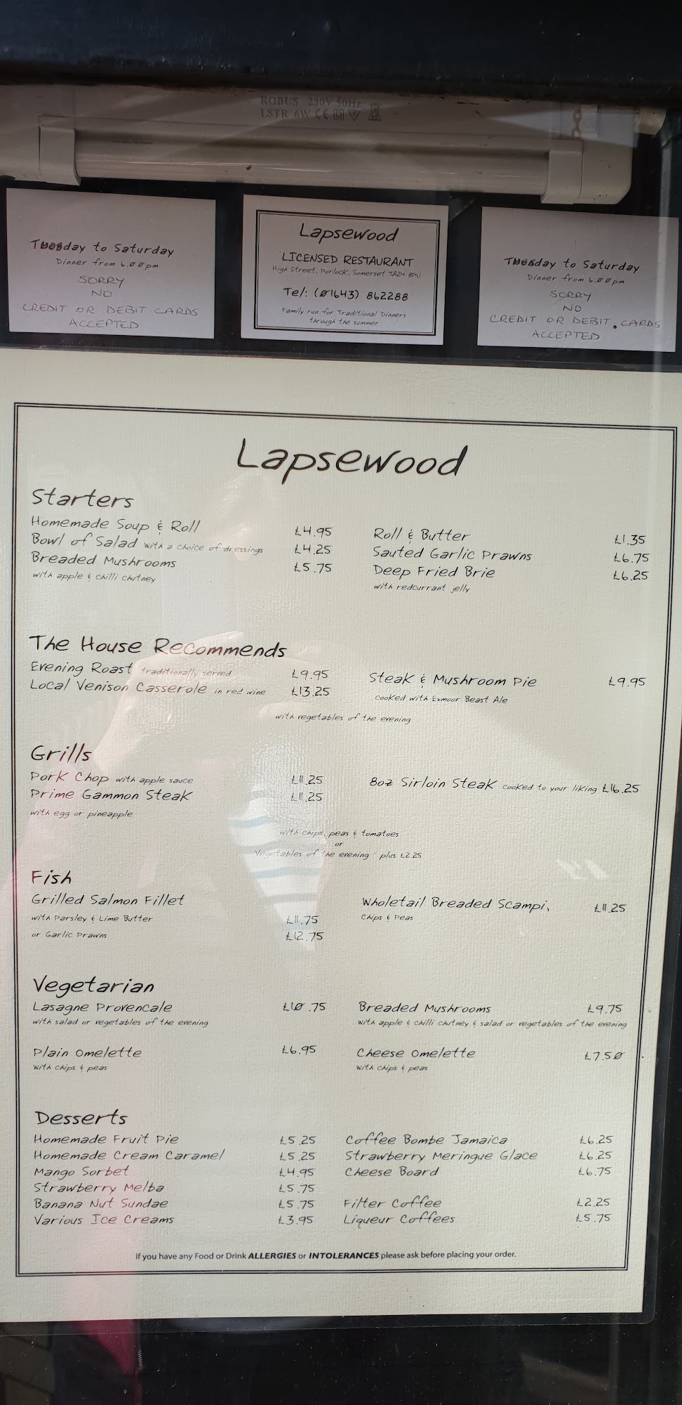 Lapswood Restaurant Menu