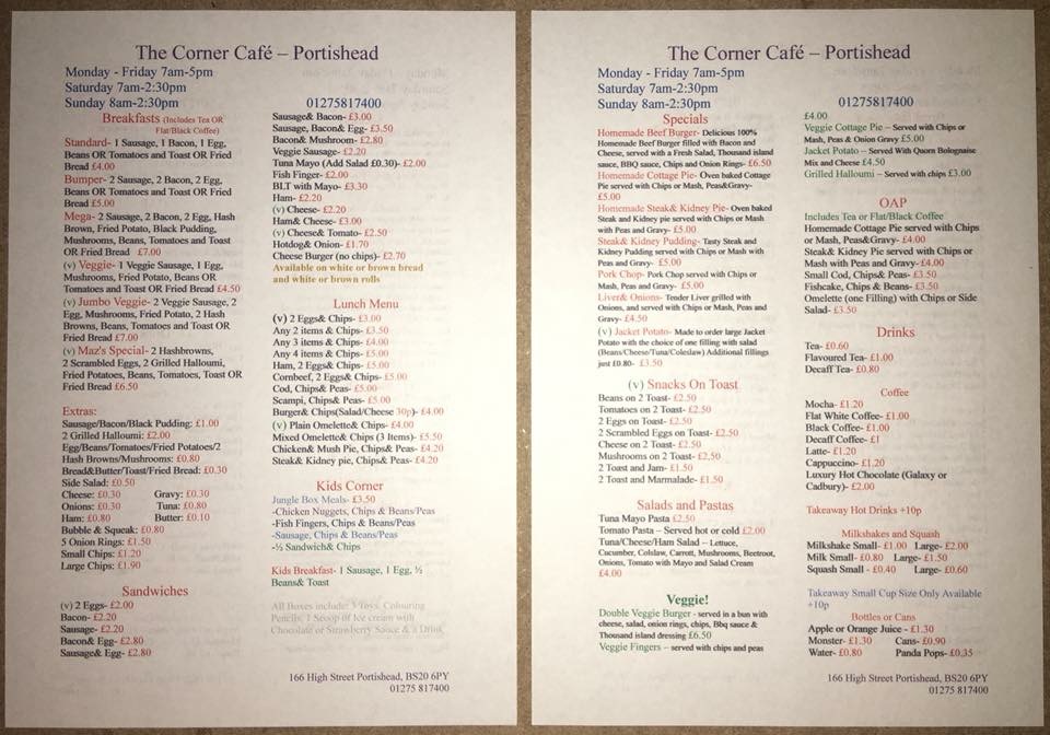 The Corner Cafe Menu