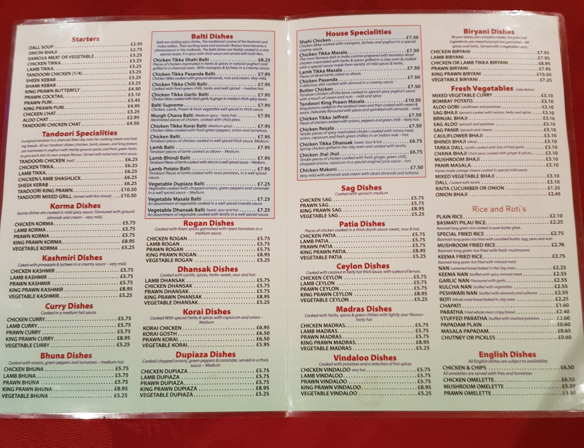 The Prince Of Bengal Menu