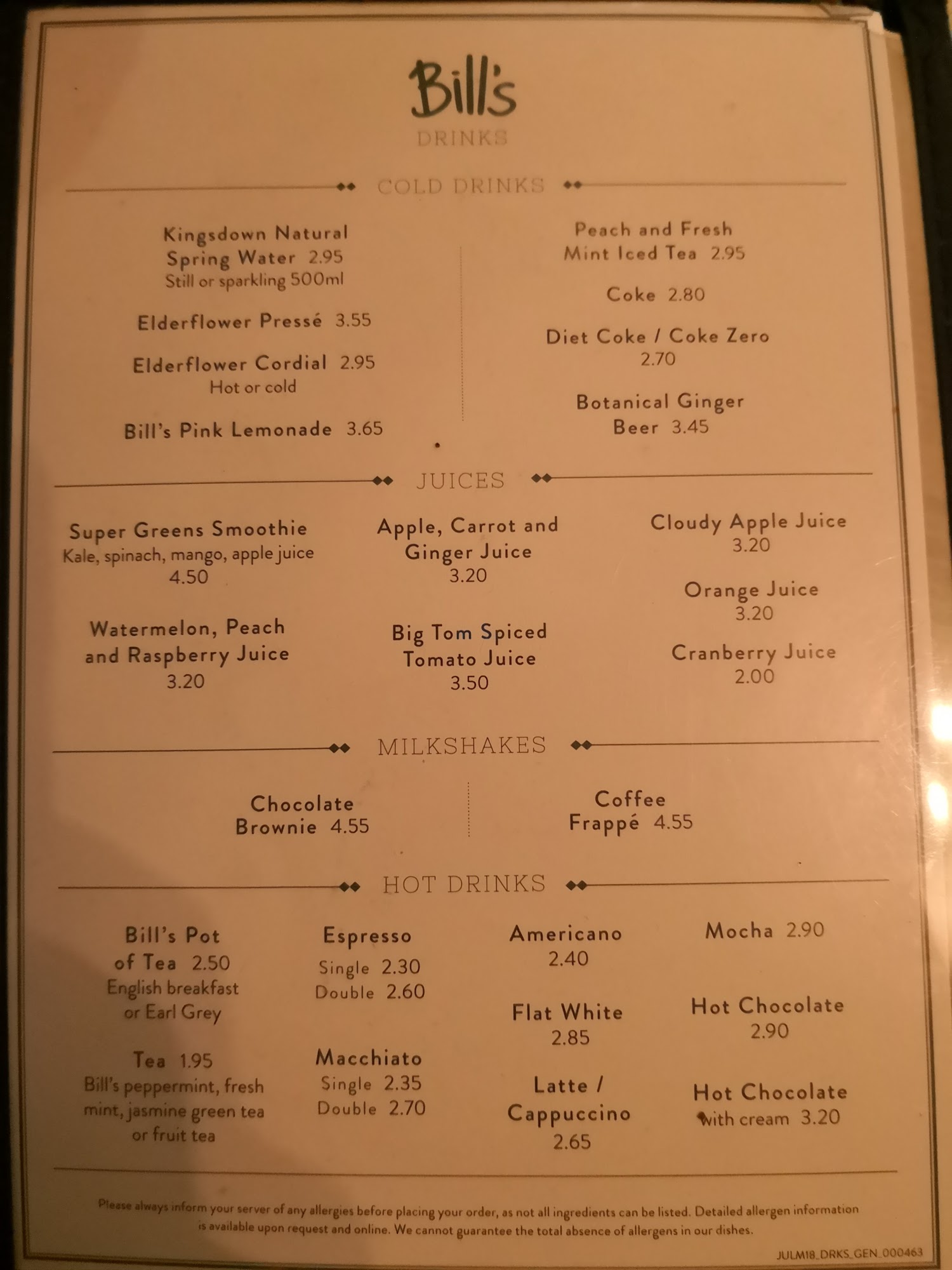 Bill's Epsom Restaurant Menu