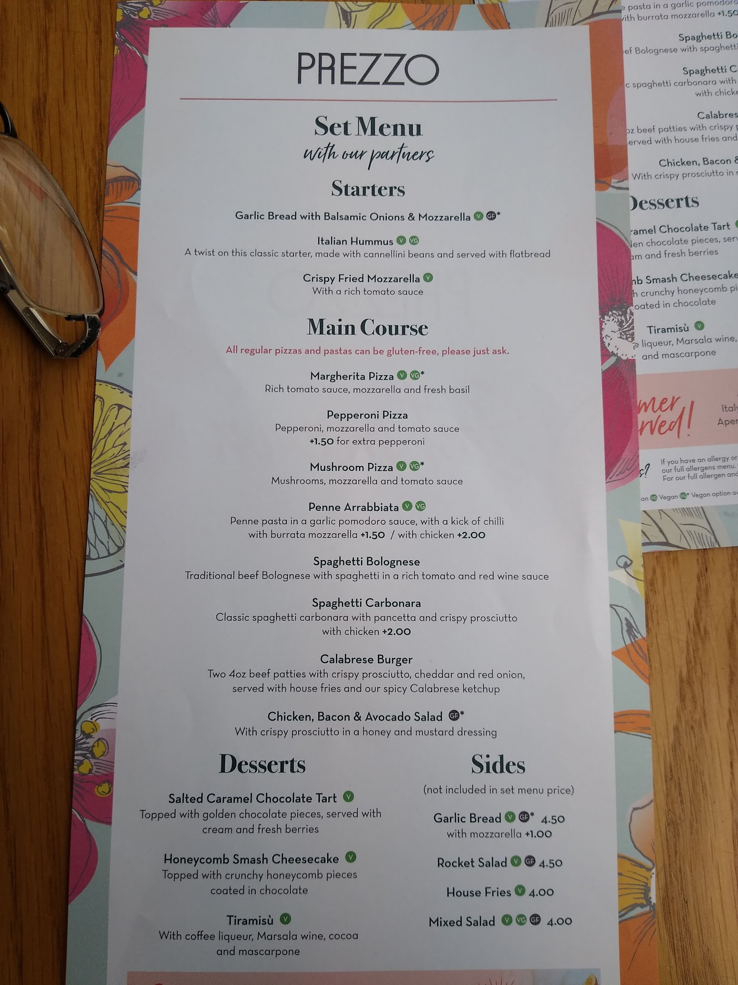 Prezzo Italian Restaurant Weybridge Menu