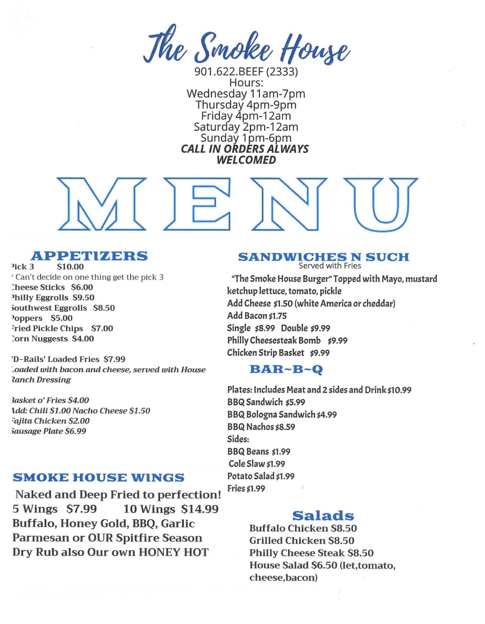 Smoke House Bar & Grill Menu