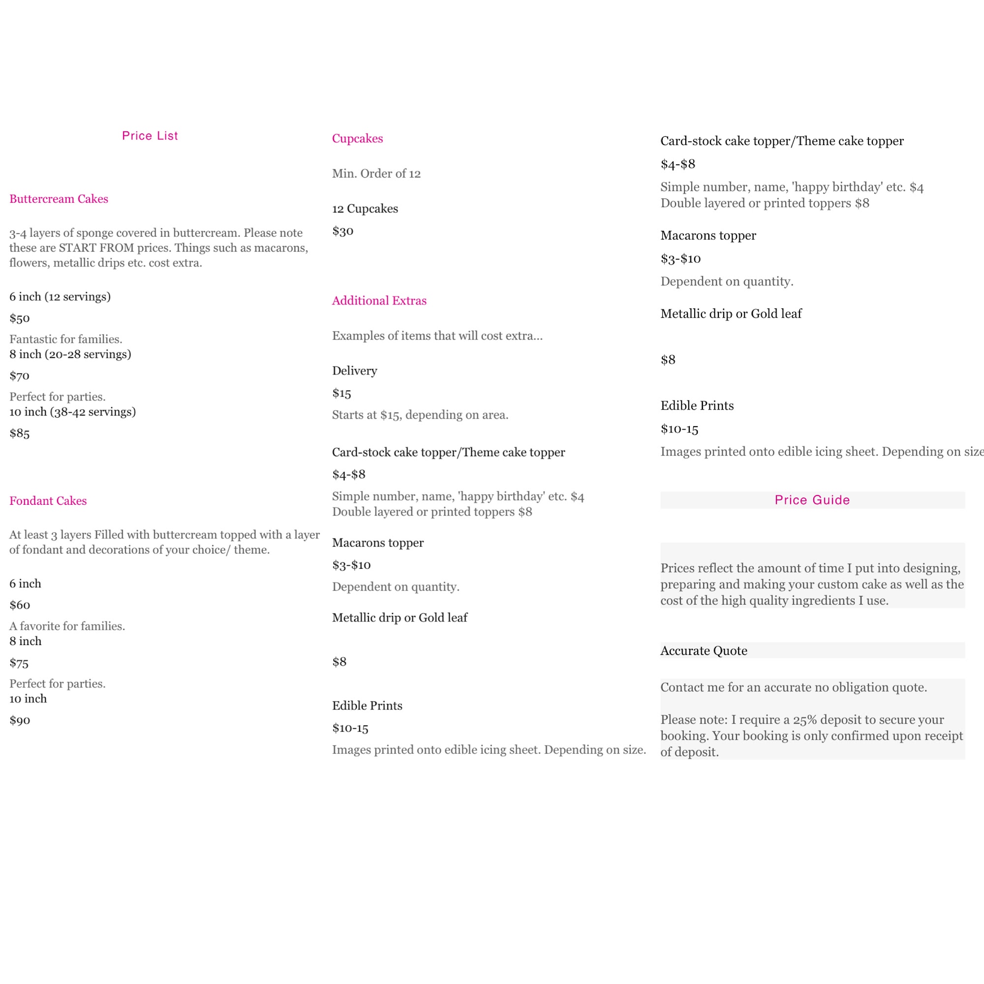 Faith's Cakes Menu