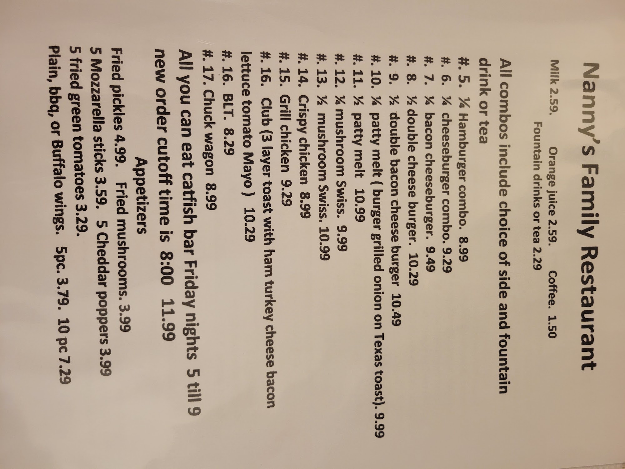 Nanny's family restaurant Menu