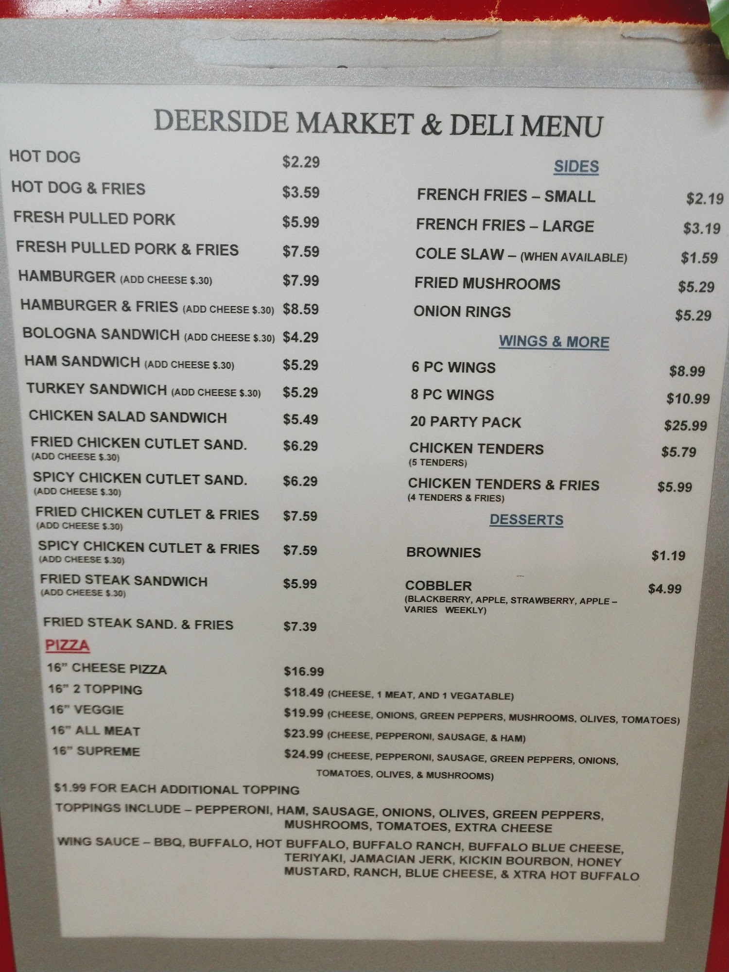 Deerside Market & Deli Menu