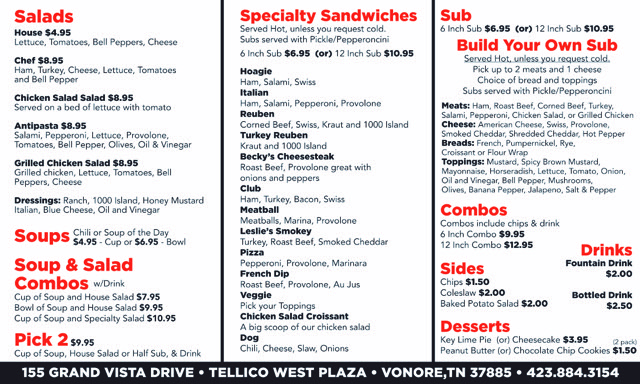 Ricks Subs N Stuff Menu