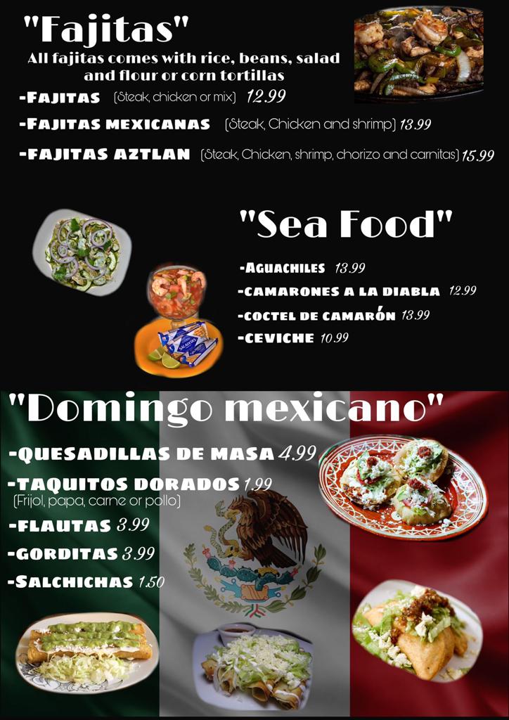 Aztlan Mexican restaurant Menu