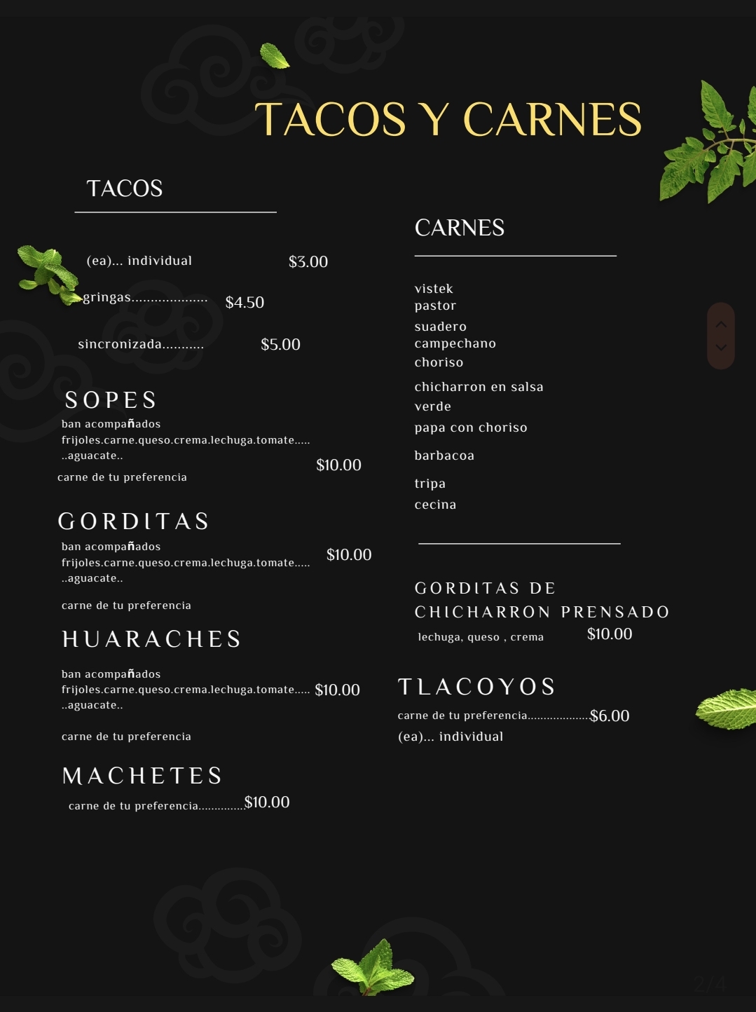 Gary's taquizas Menu