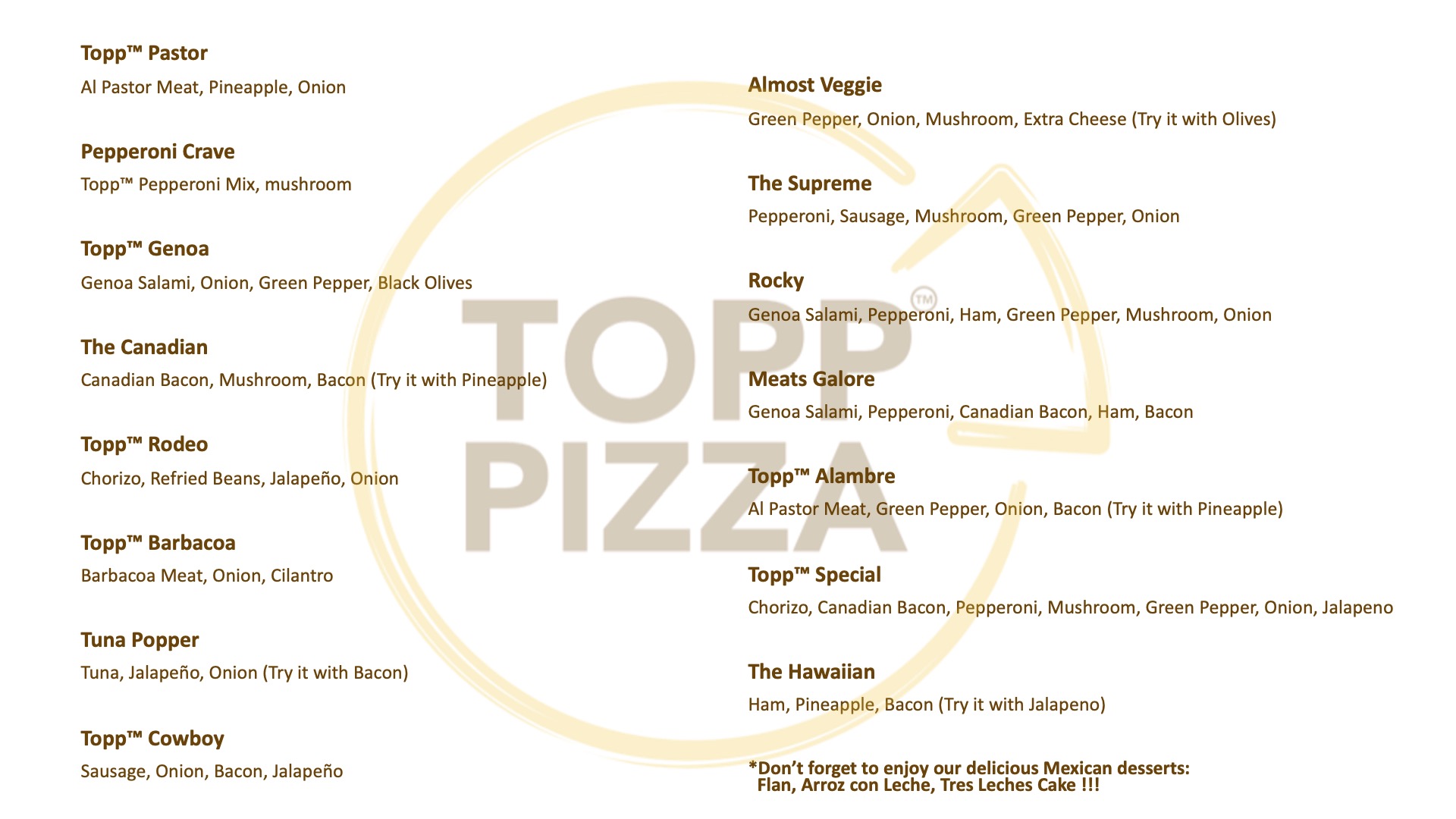 Topp Pizza Menu