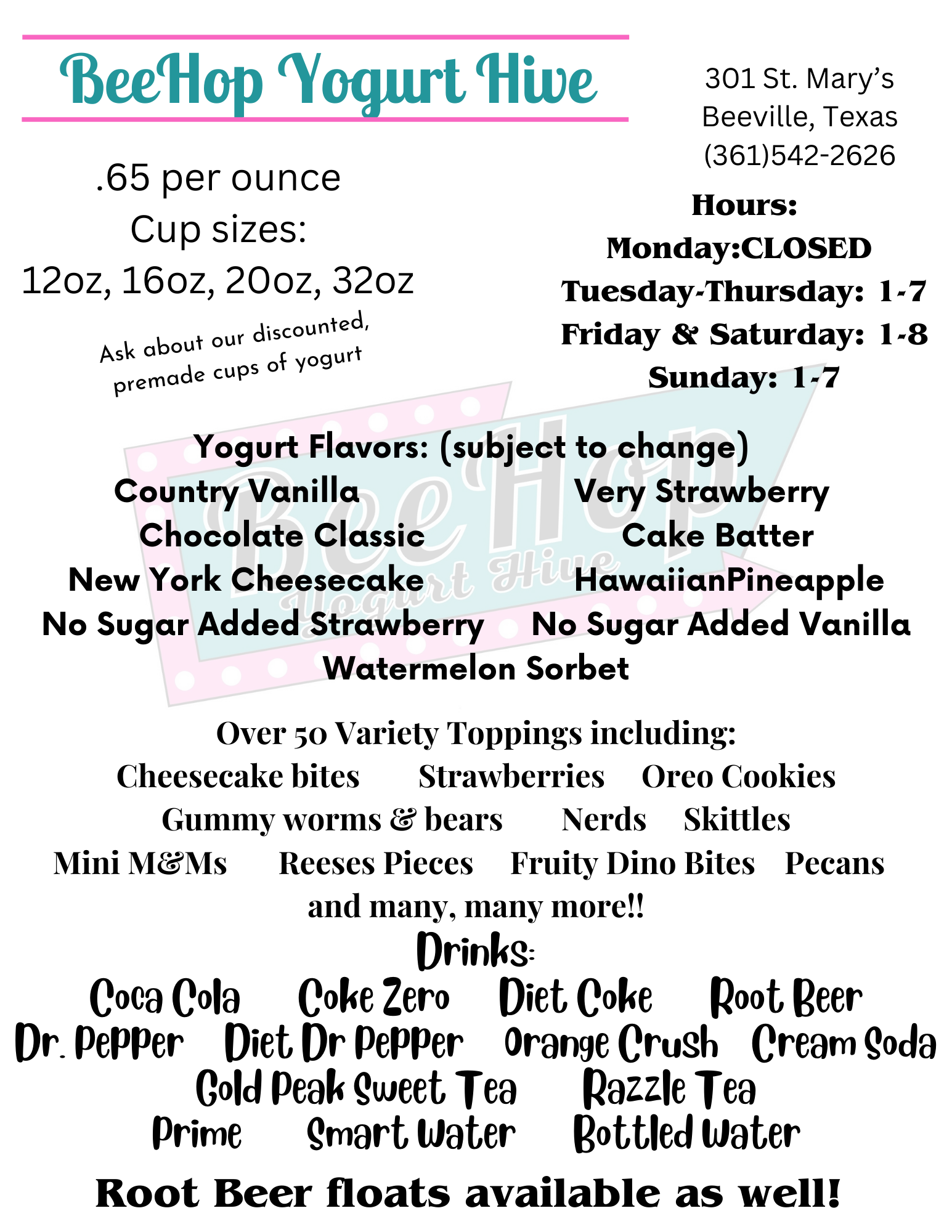 Beehop Yogurt Hive Menu