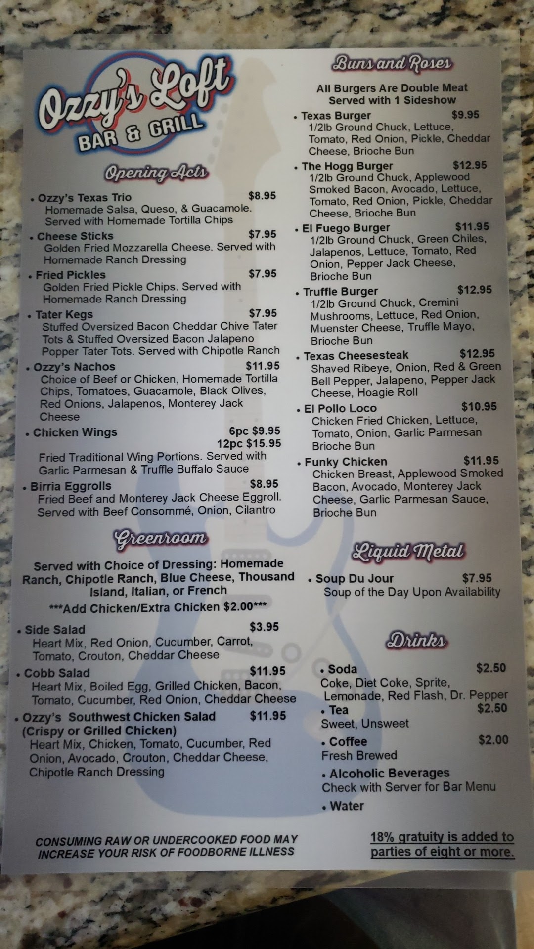 Ozzy's Loft Bar & Grill Menu