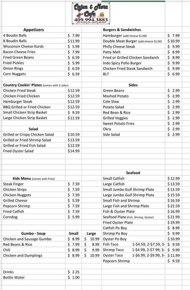 Cajun and More Cafe Menu